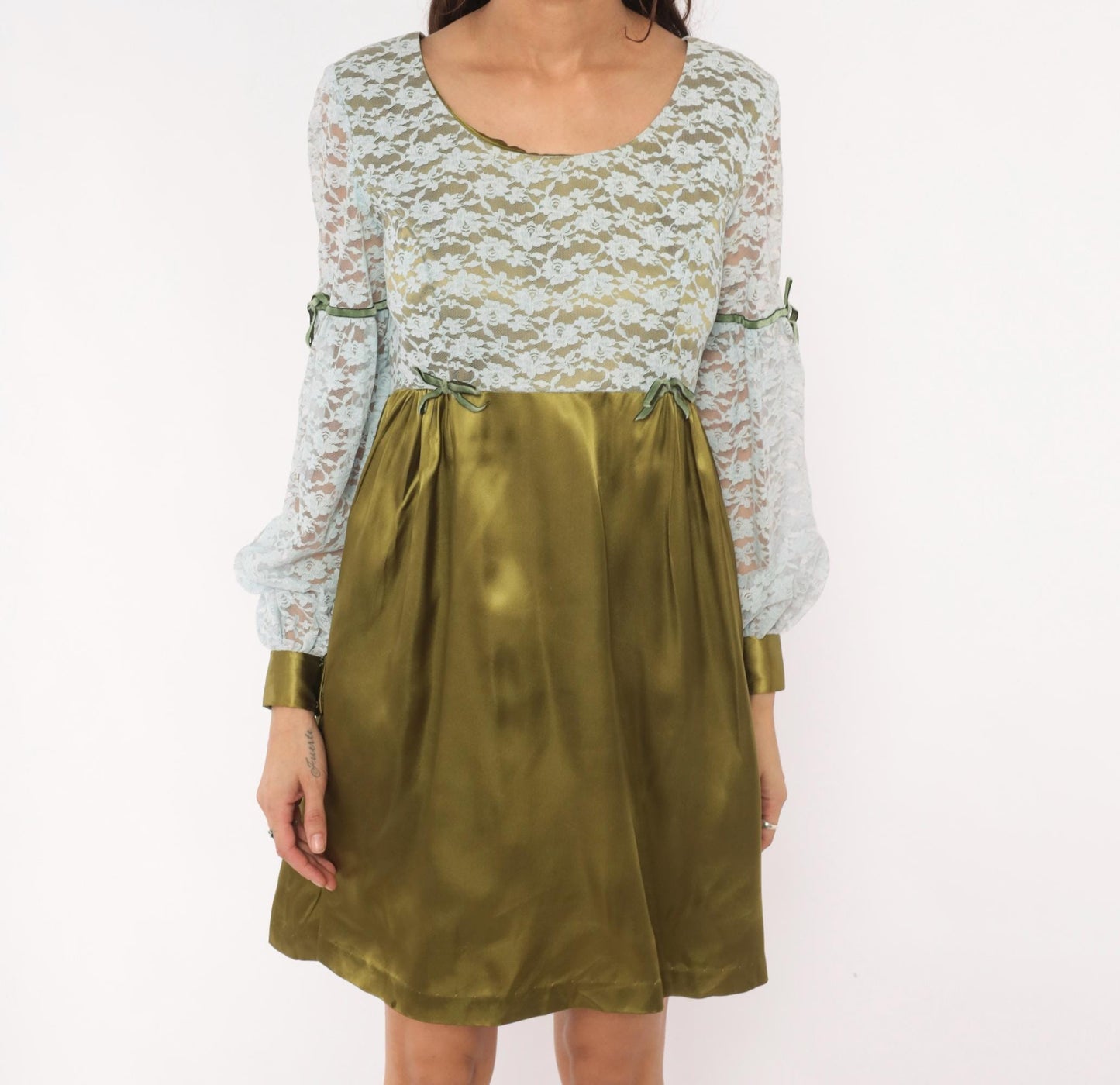 70s Olive Satin Babydoll Dress White Lace Empire Waist Balloon Sleeve Mini Medium