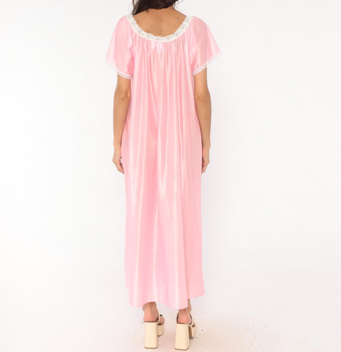 80s Private Moments Pink Maxi Nightgown Lace Trim Flutter Sleeve One Size