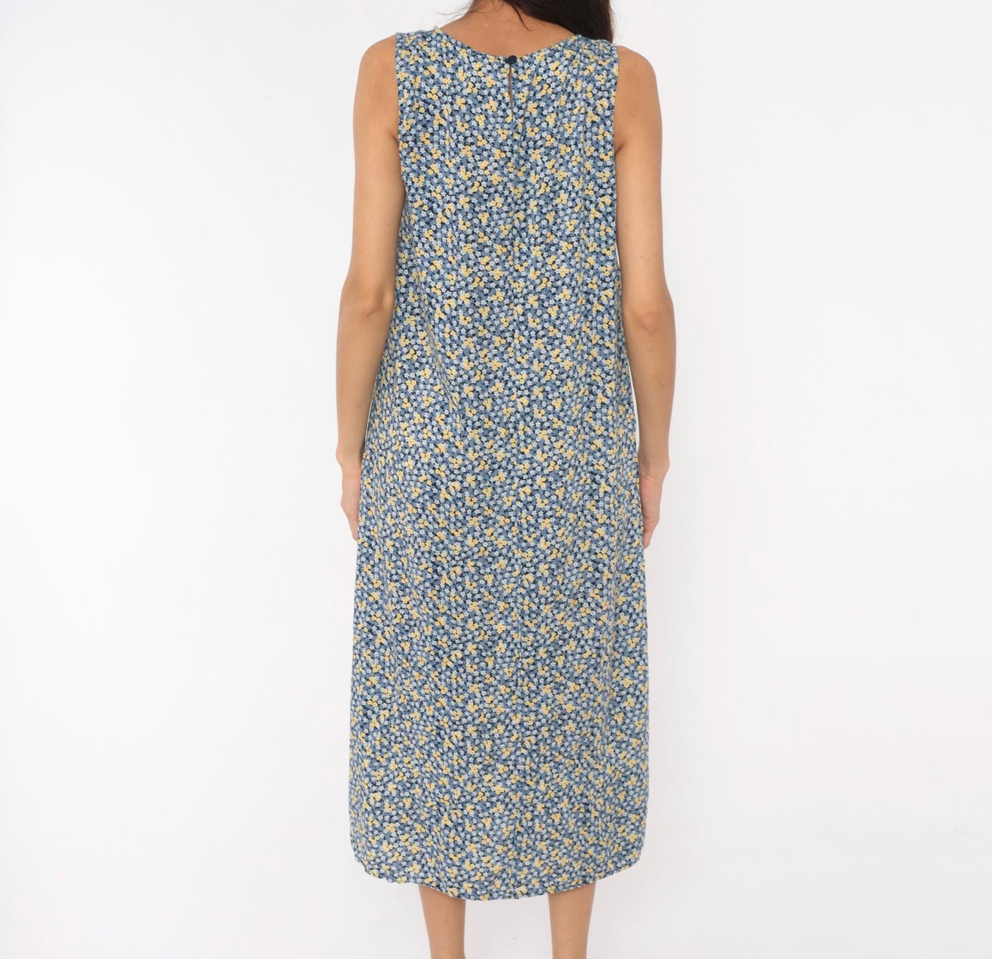 90s Studio Ease Ditsy Floral Midi Dress Navy Blue Yellow Sleeveless Petite Medium