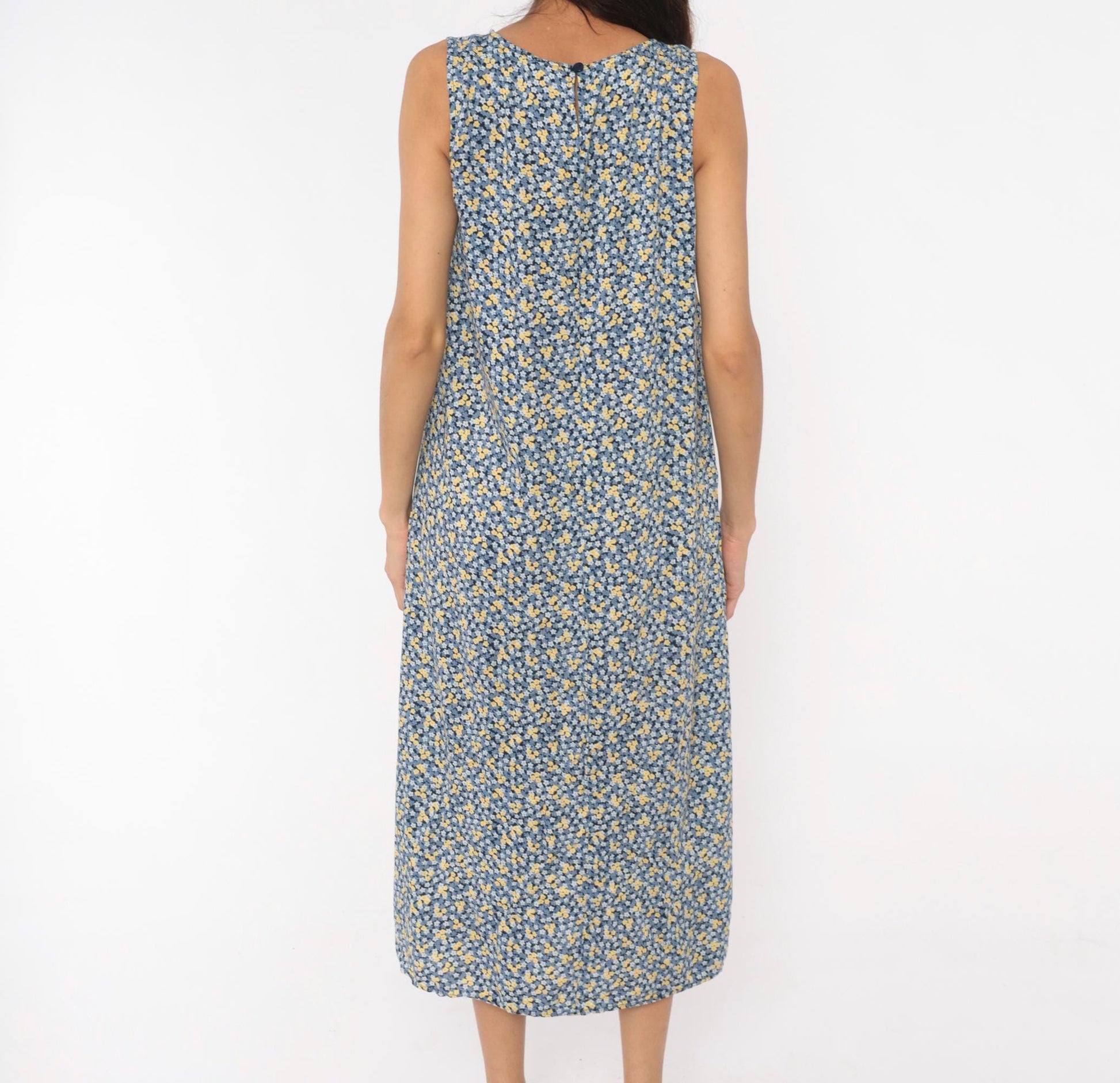 90s Studio Ease Ditsy Floral Midi Dress Navy Blue Yellow Sleeveless Petite Medium