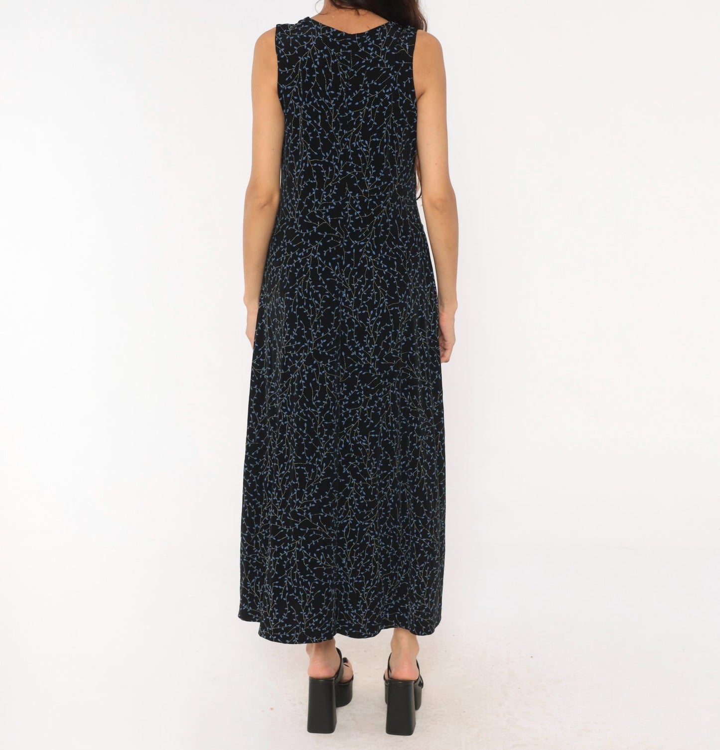 90s Black Vine Print Maxi Dress Blue Leaf Scoop Neck Tank Medium Large