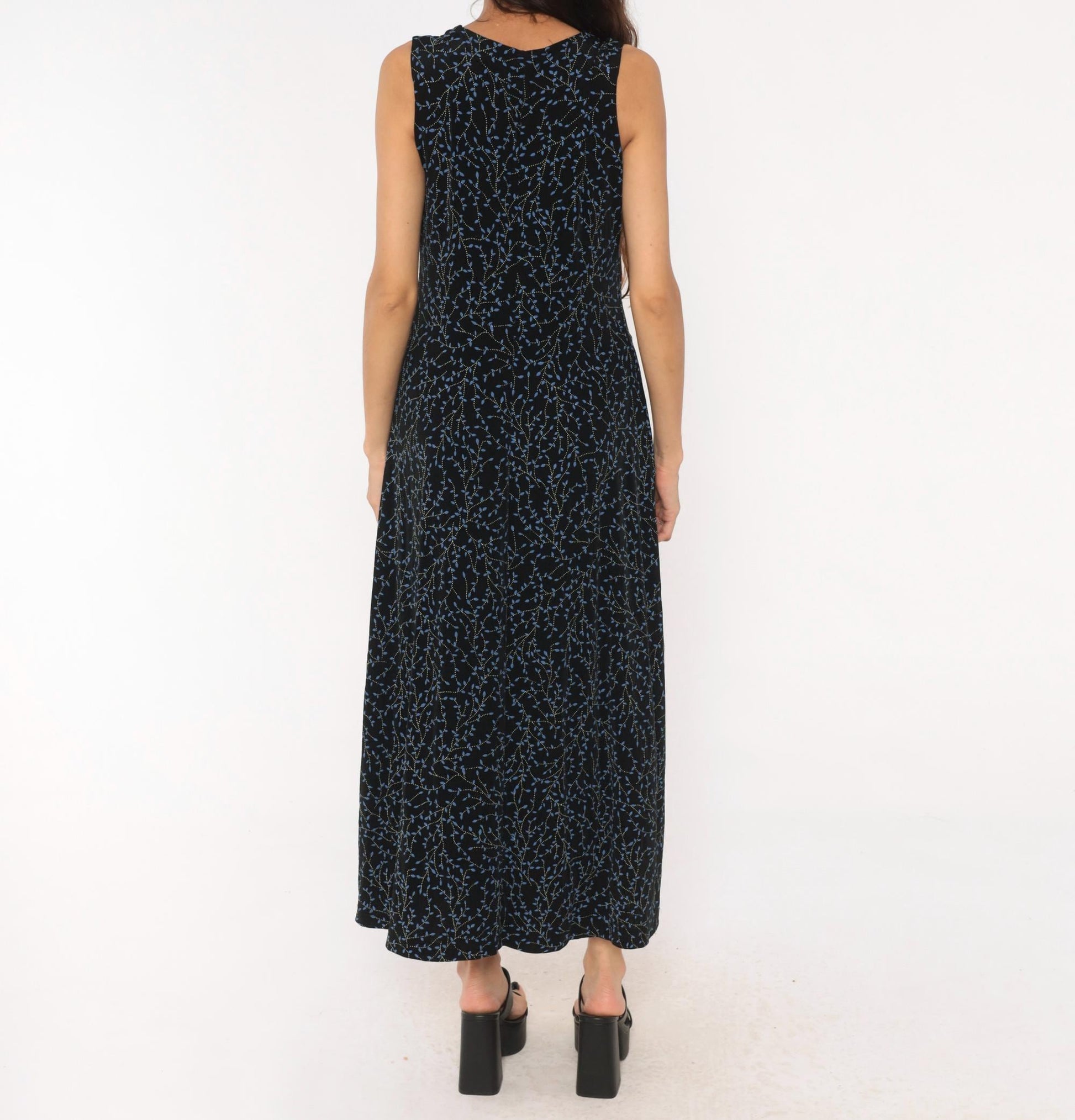 90s Black Vine Print Maxi Dress Blue Leaf Scoop Neck Tank Medium Large