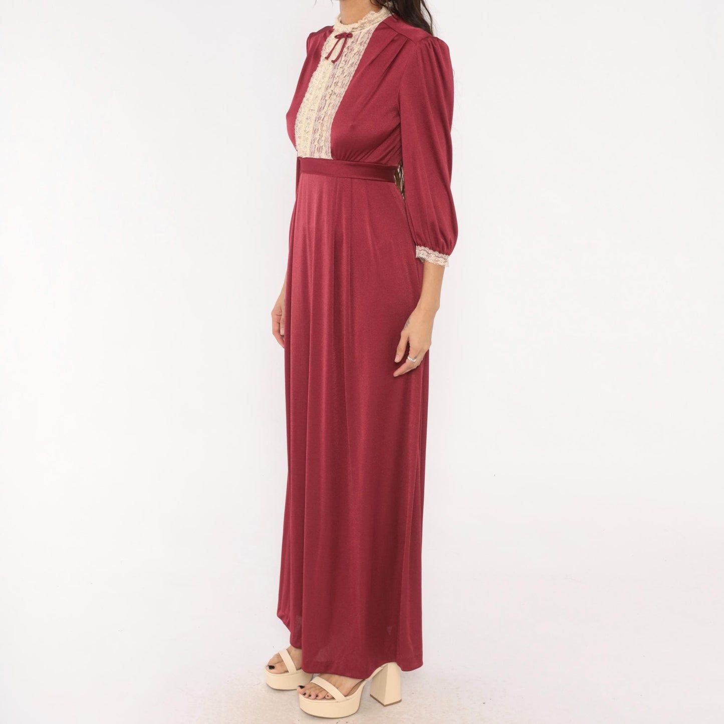 70s Burgundy Lace Bib Maxi Dress Puff Sleeve High Neck Ribbon Bow Extra Small