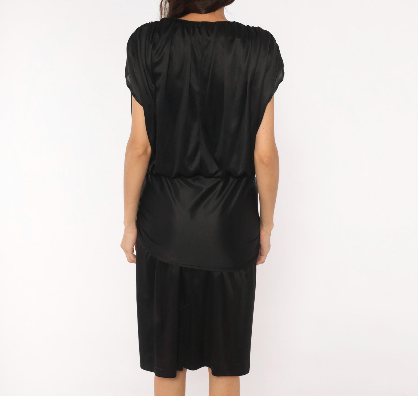 90s Jenny Black Pearl Studded Wrap Dress V Neck Knee Length Medium M