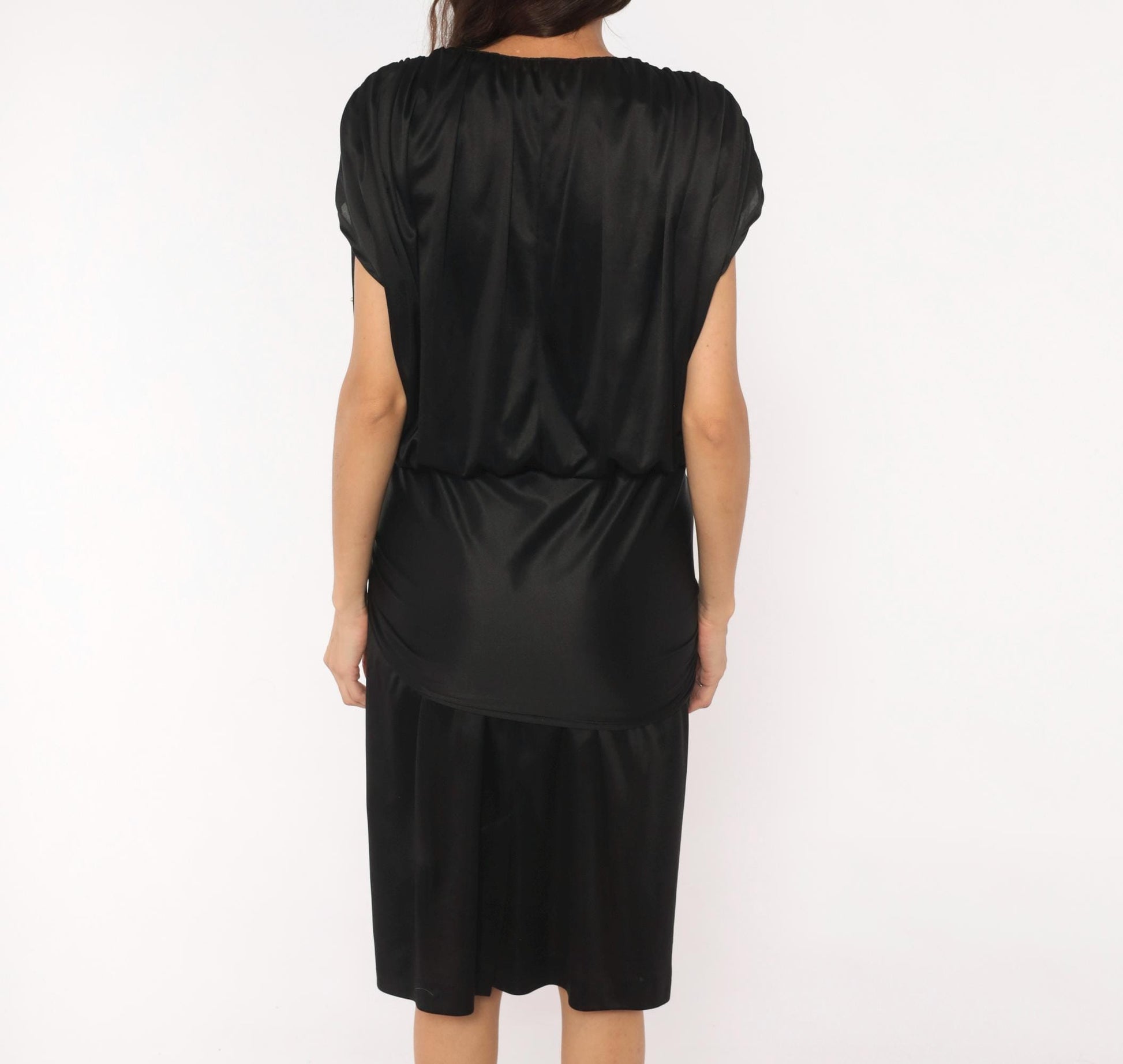 90s Jenny Black Pearl Studded Wrap Dress V Neck Knee Length Medium M