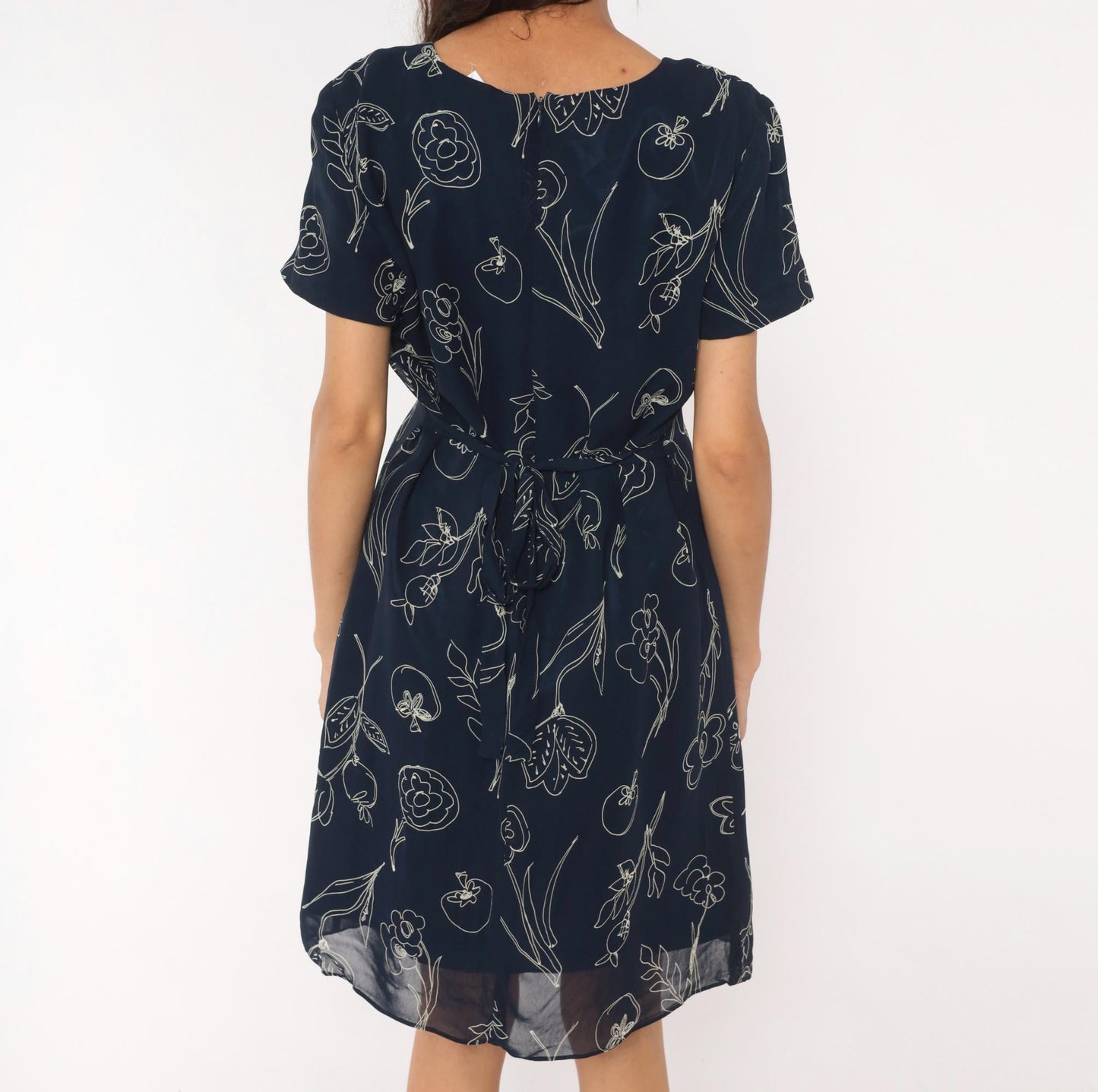 90s Talbots Navy Botanical Line Drawing Knee Dress White Floral Scoop Neck Large L