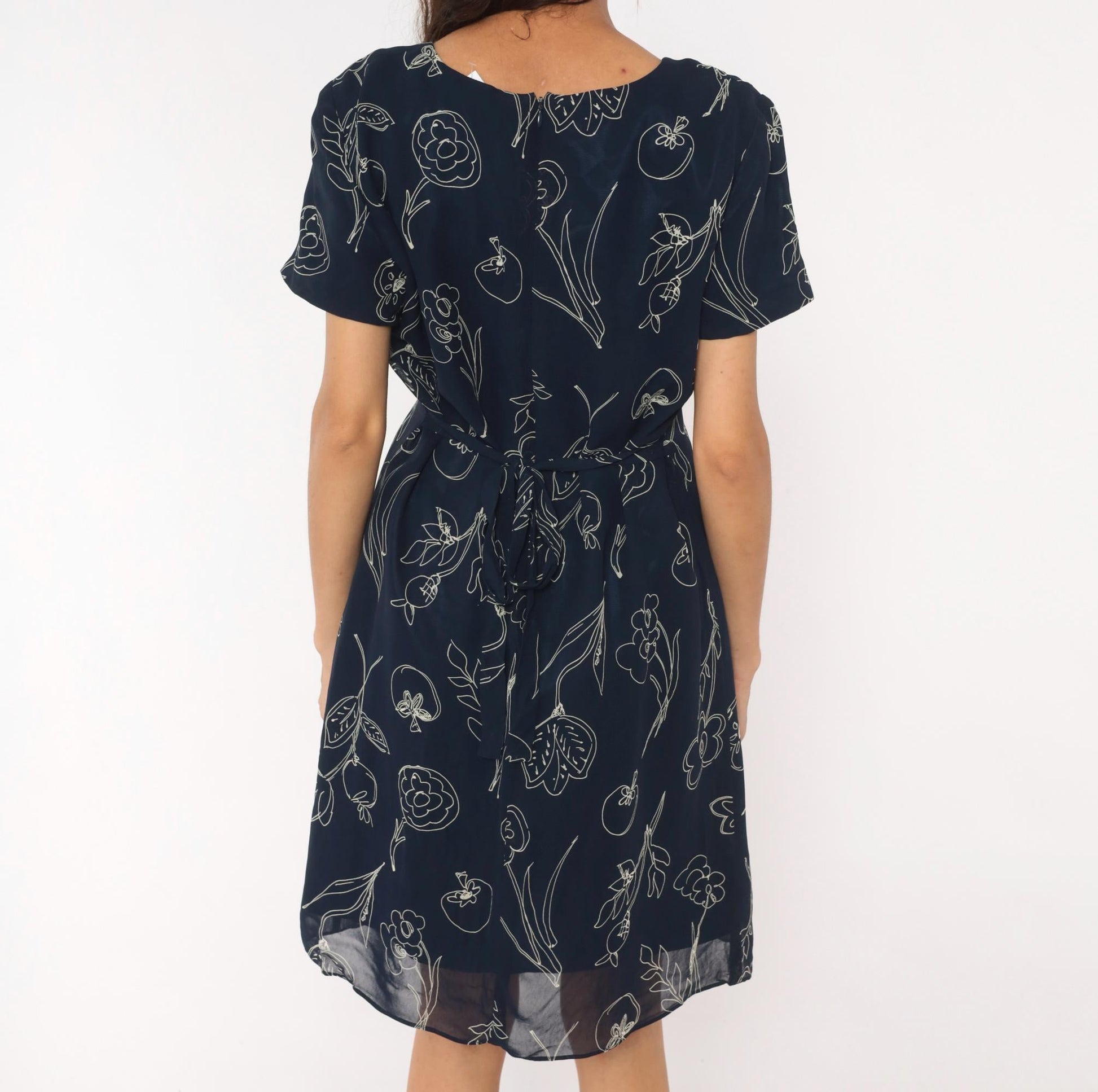 90s Talbots Navy Botanical Line Drawing Knee Dress White Floral Scoop Neck Large L