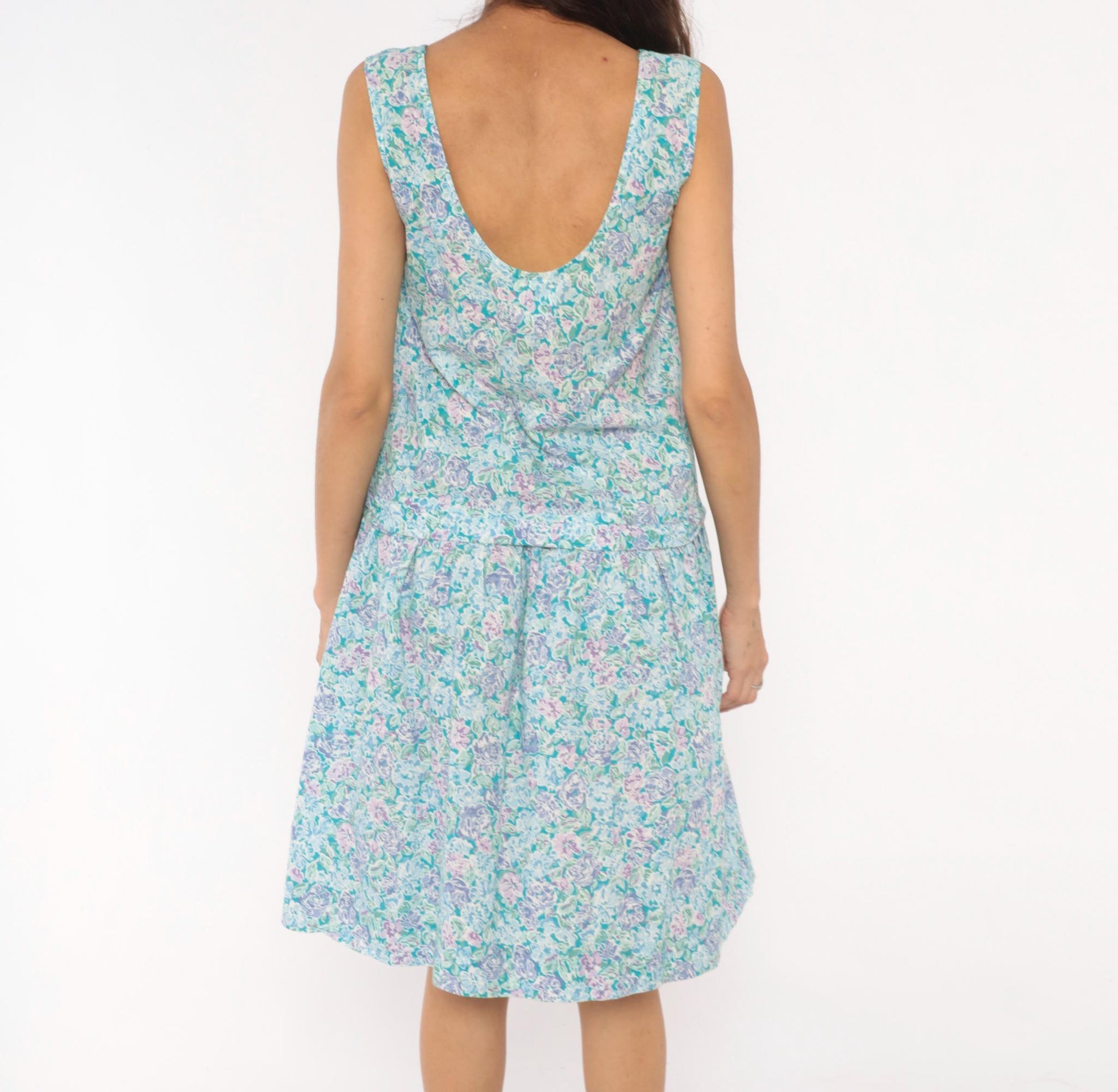90s Laura Ashley Floral Cotton Sundress Drop Waist Knee-Length Small