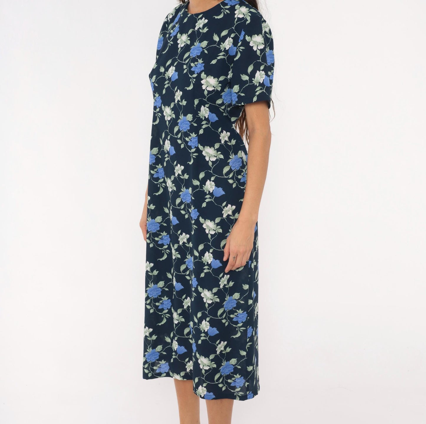 90s J.E. Fashion Floral Midi Dress Navy Blue Rose Print Short Sleeve Medium M