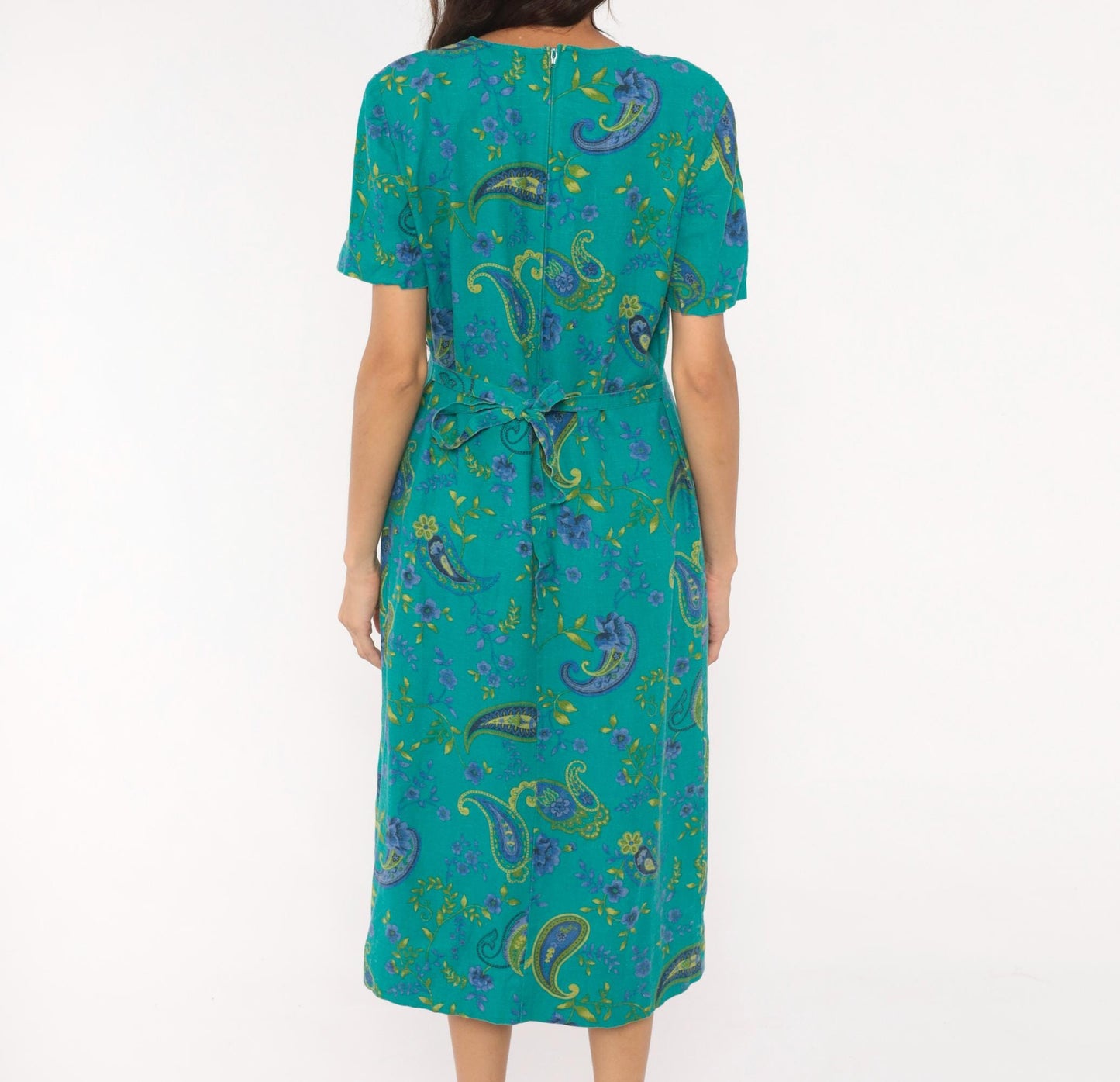 90s Miss Dorby Paisley Pintuck Midi Dress Teal Floral Cotton Medium M