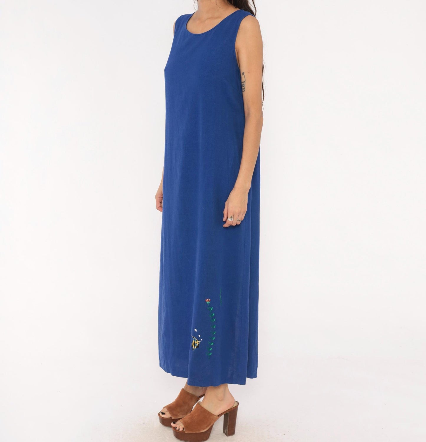 90s Ultra Dress Cobalt Linen Maxi Dress Angelfish Embroidered Medium Large