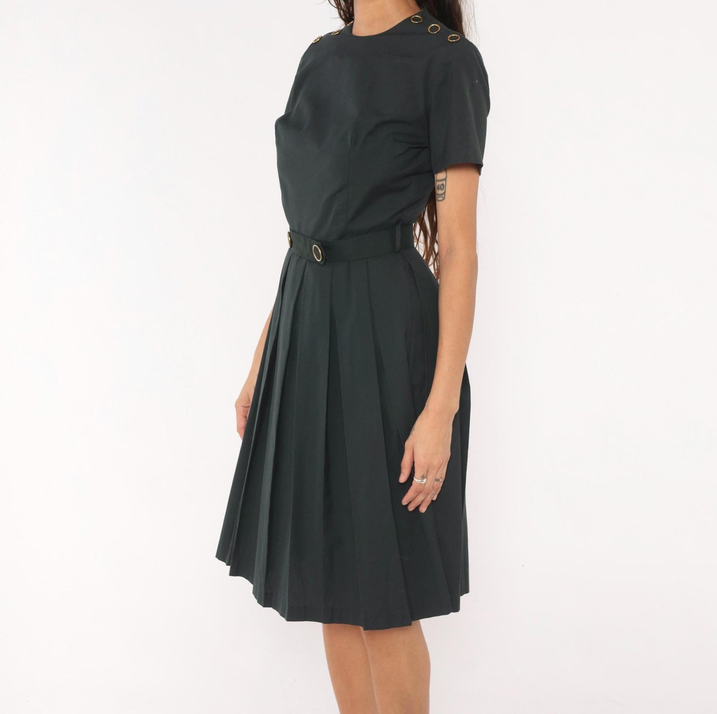 60s Charcoal Pleated A-Line Dress Gold Grommet Detail Cotton Small