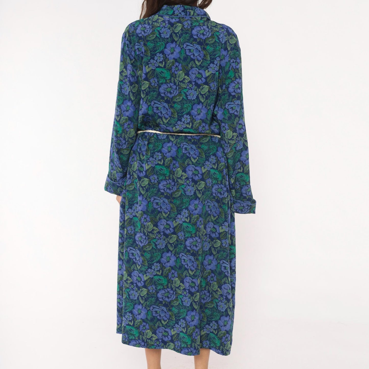 90s Cacique Floral Wrap Robe Periwinkle Navy Botanical Print Midi Large L