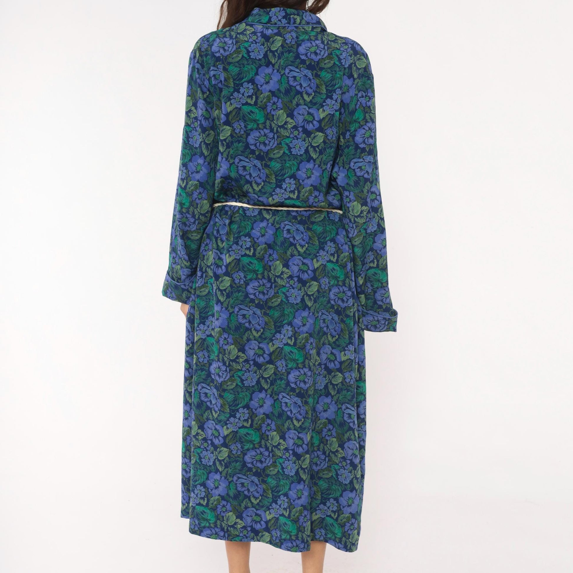 90s Cacique Floral Wrap Robe Periwinkle Navy Botanical Print Midi Large L