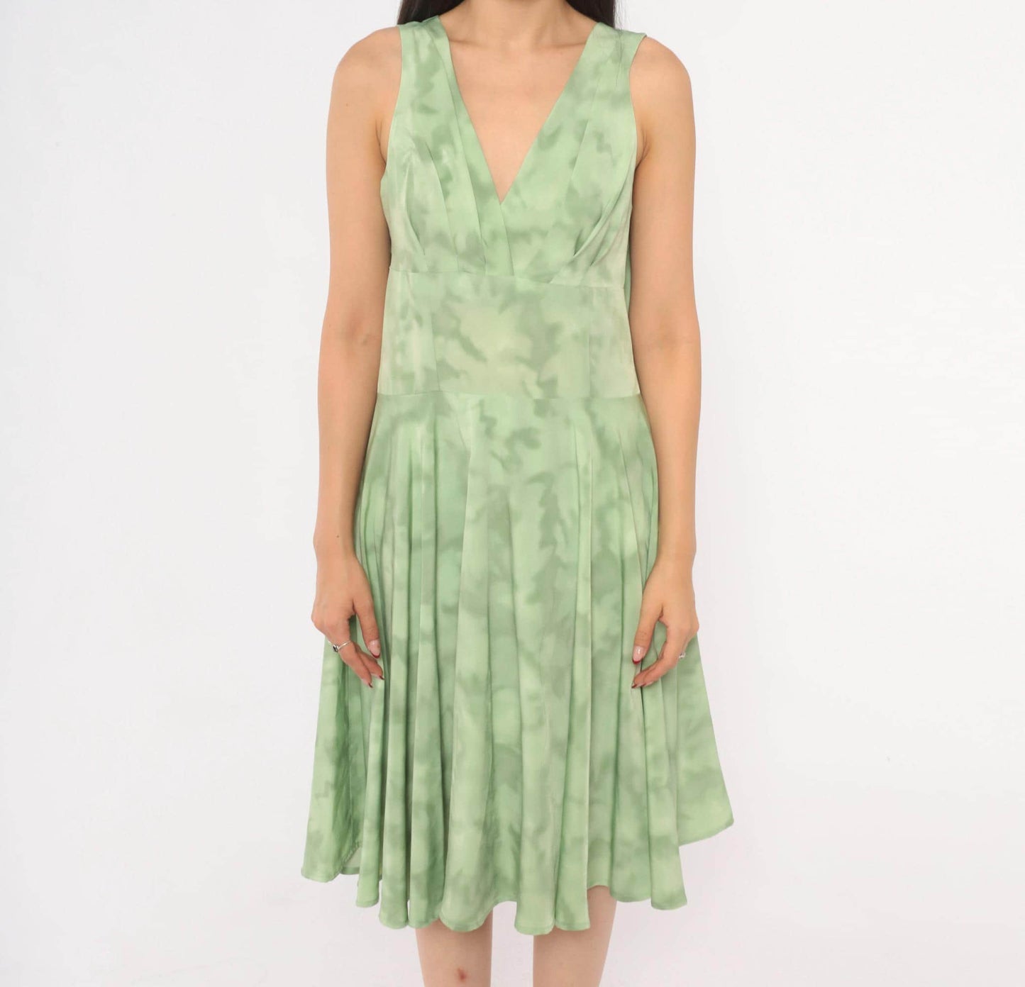80s Sage Mint Tie Dye Sleeveless V-Neck Dress Pleated Knee Length Large