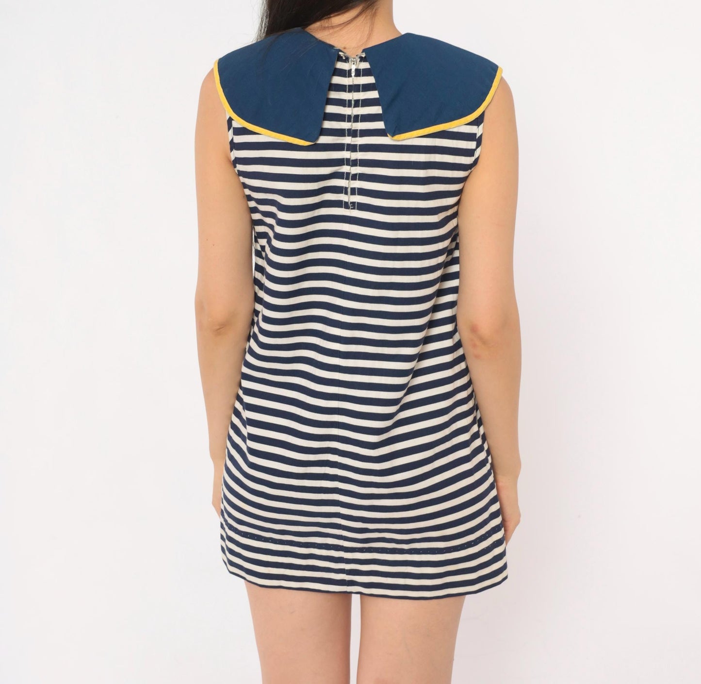 60s Nautical Mini Sailor Dress Navy White Striped Cotton Anchor Embroidered XS