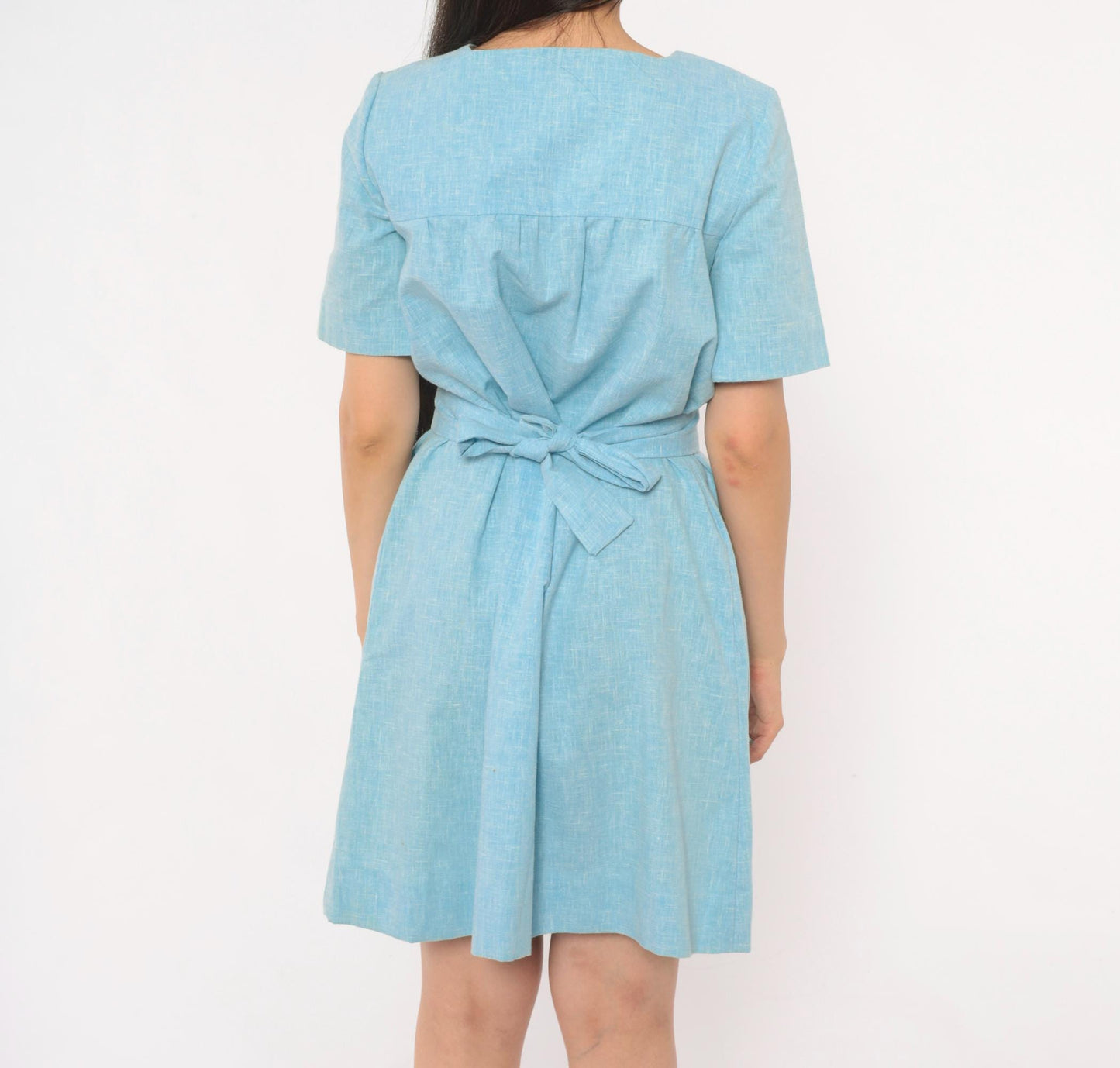 70s Sky Blue Cotton Dress Square Neck Puff Sleeve Bird Floral Print Small