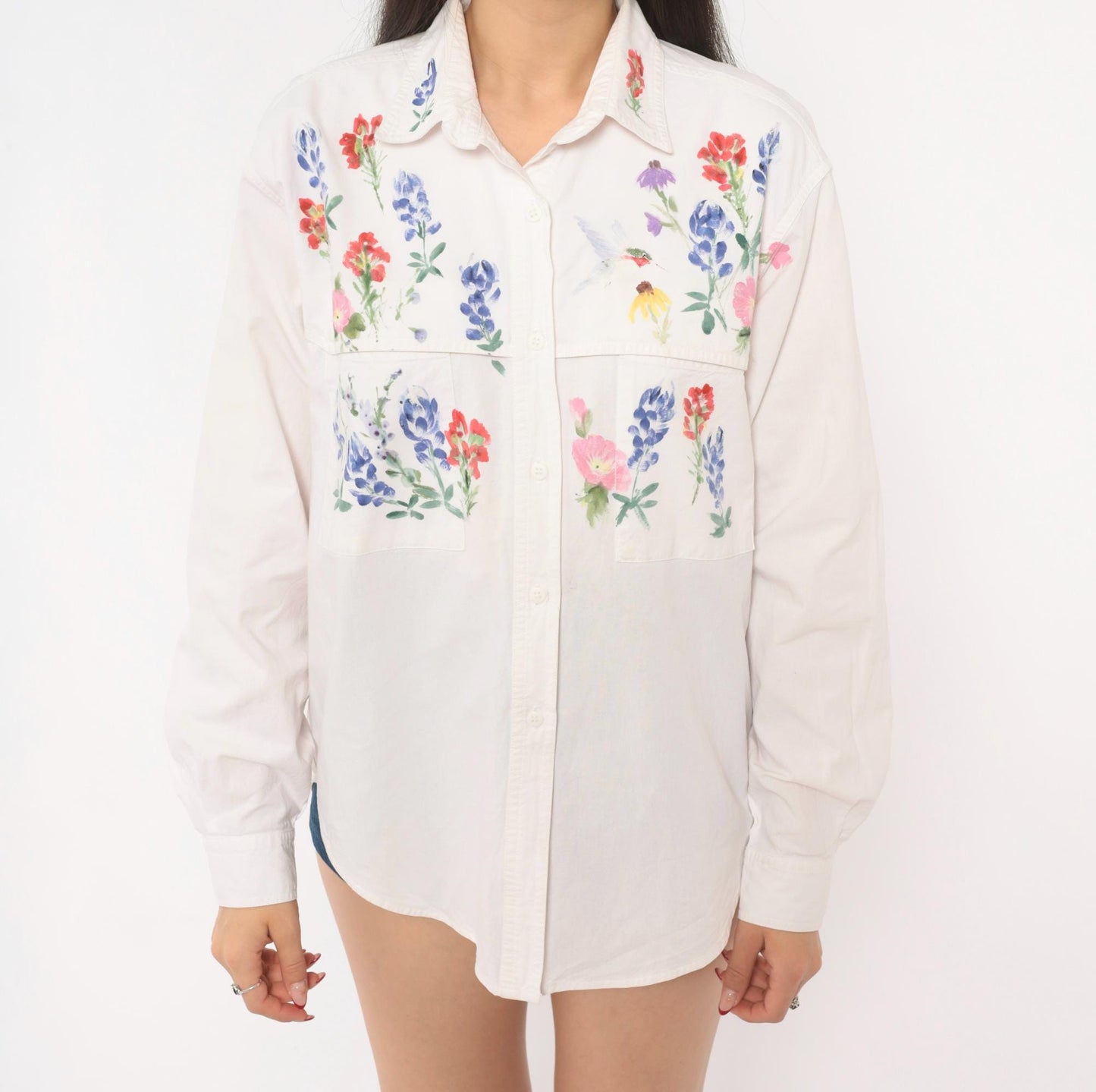 90s Ol' Paint Hand-Painted Wildflower Hummingbird White Cotton Button-Up Medium