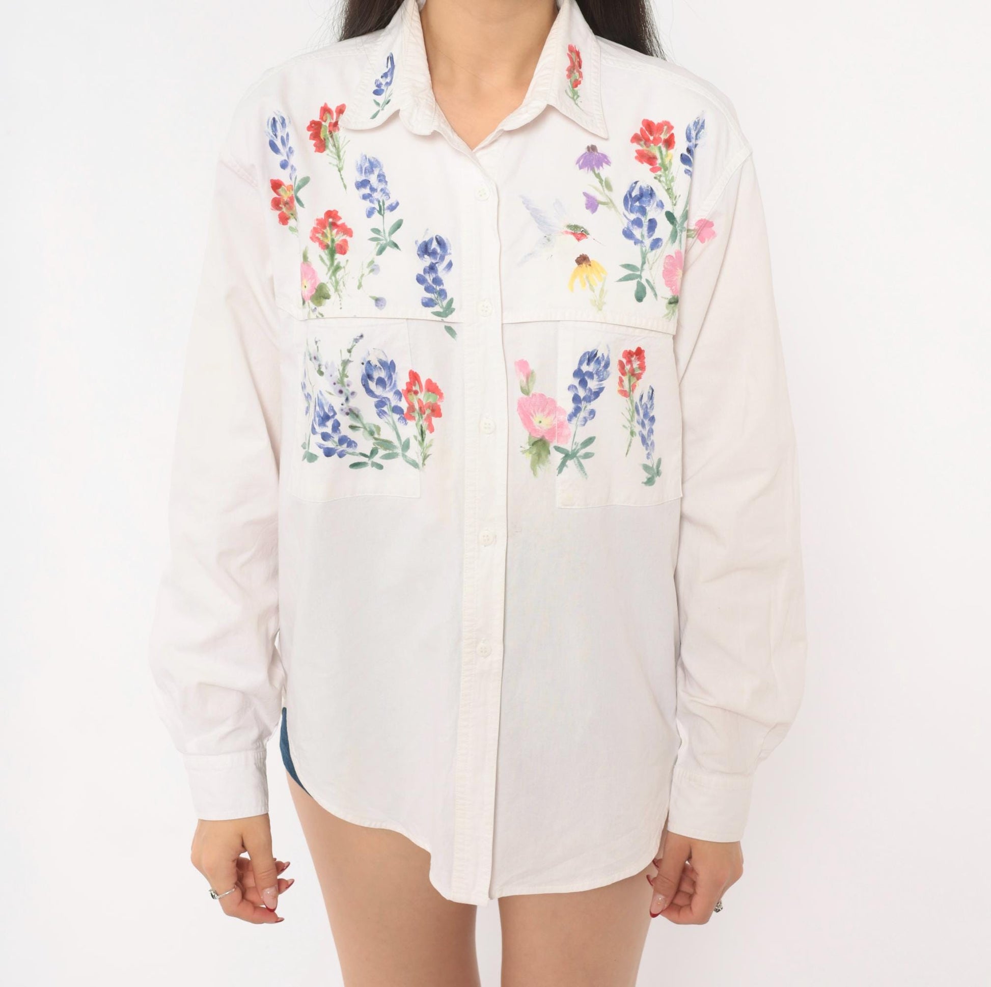 90s Ol' Paint Hand-Painted Wildflower Hummingbird White Cotton Button-Up Medium