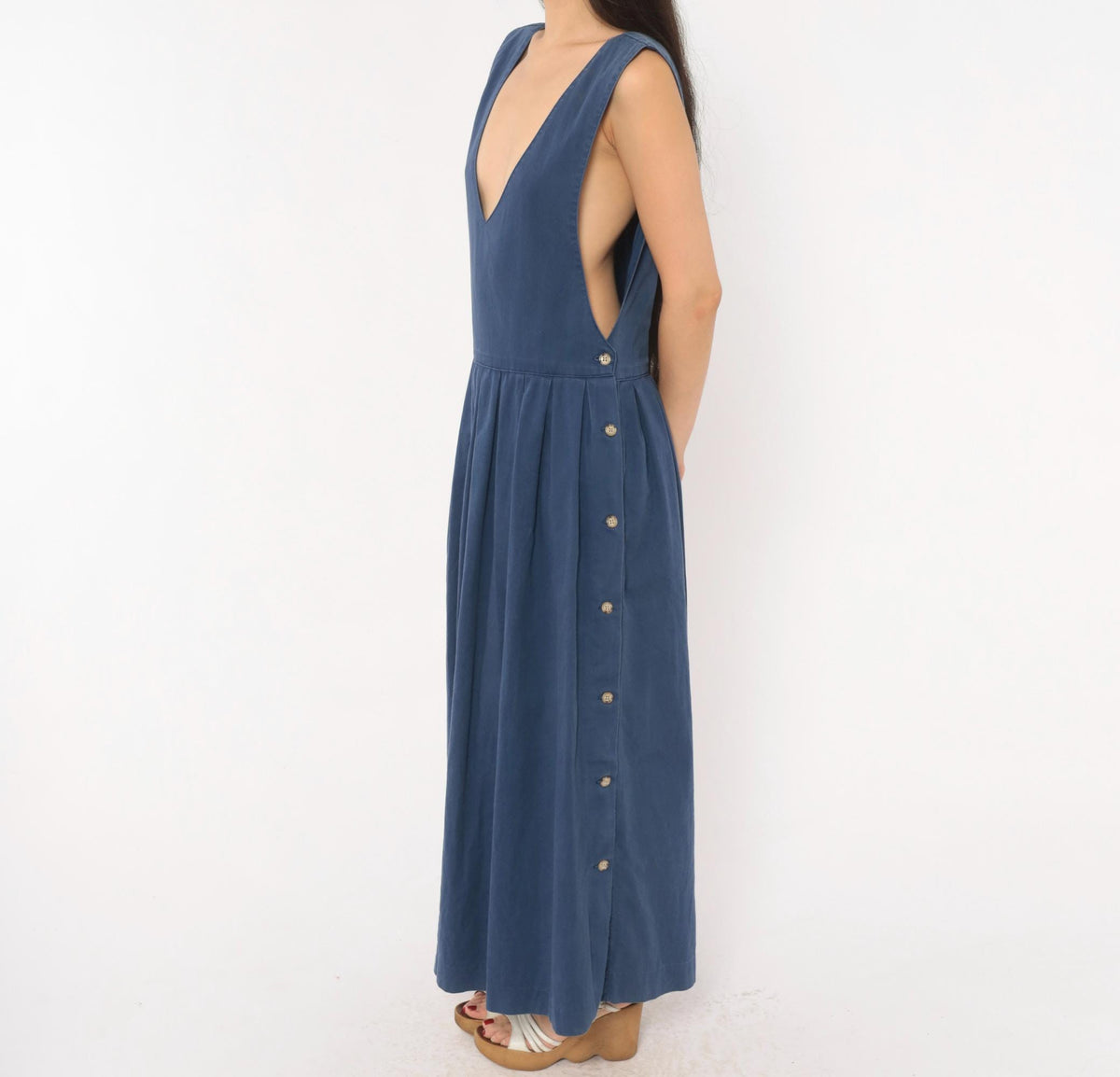 80s Fenwick Navy Cotton Jumper Dress Deep V Maxi Pleated Medium M