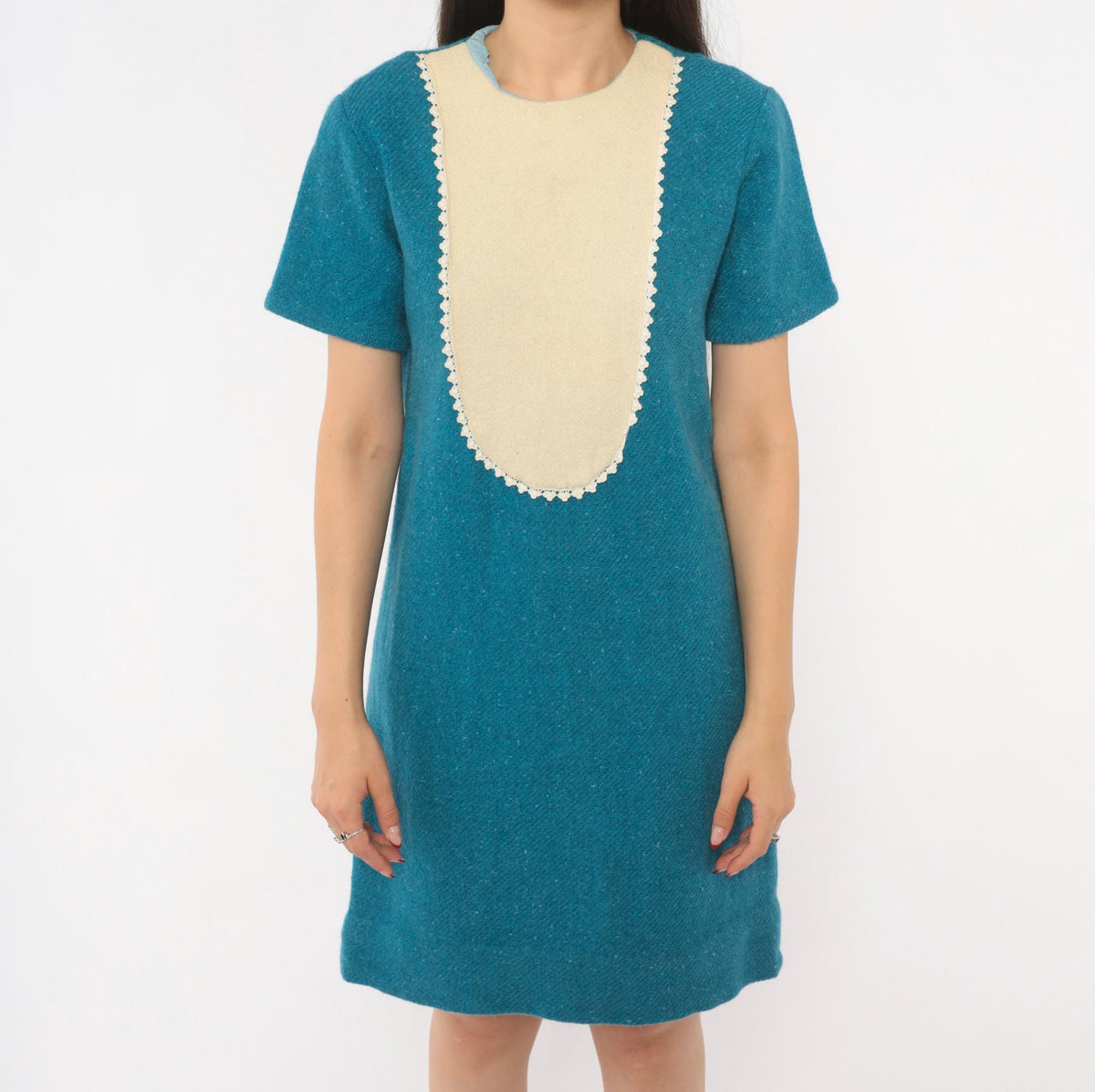1960s Teal Wool Shift Dress Cream Bib Panel Lace Trim Knee Length Small