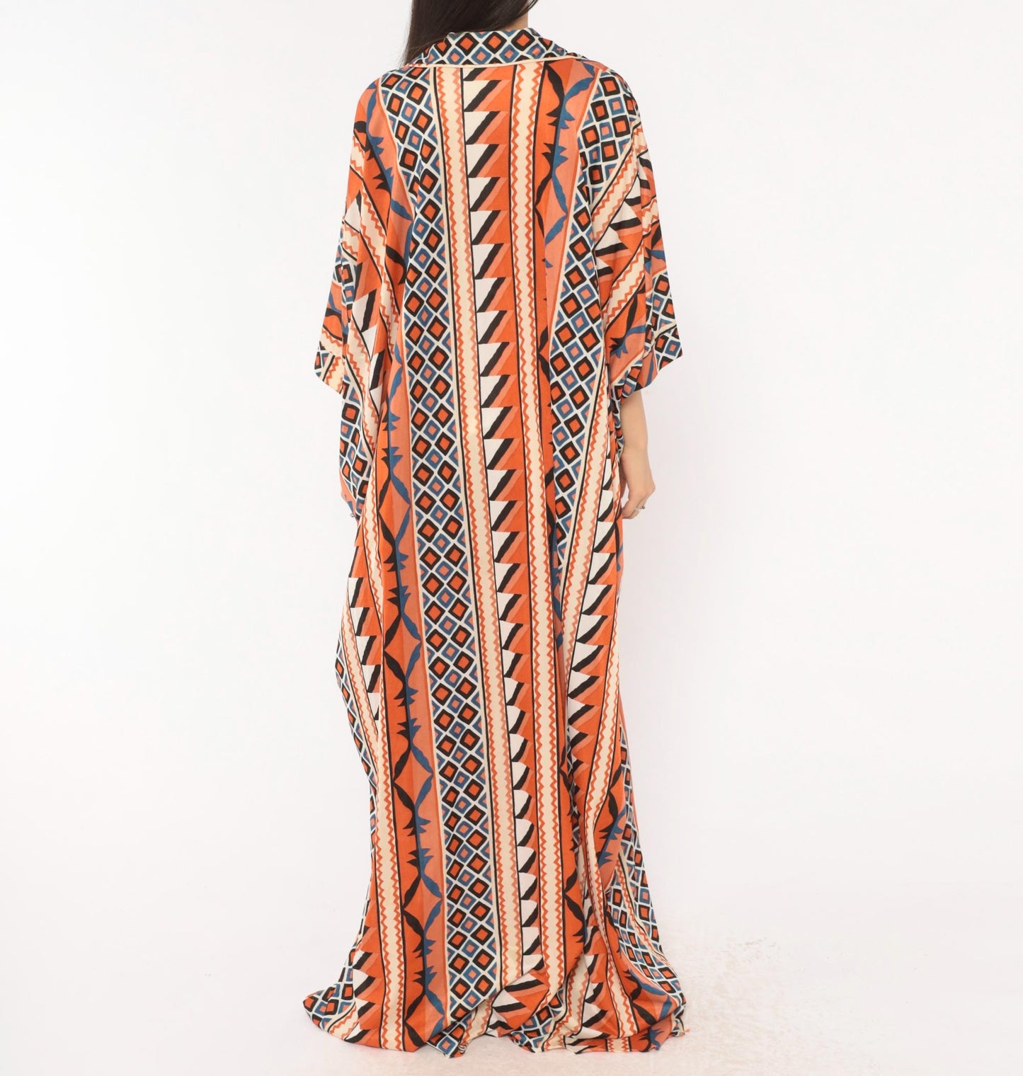 70s Le Voys Aztec Caftan Maxi Dress Orange Cream Blue Geometric Tribal Stripe One Size