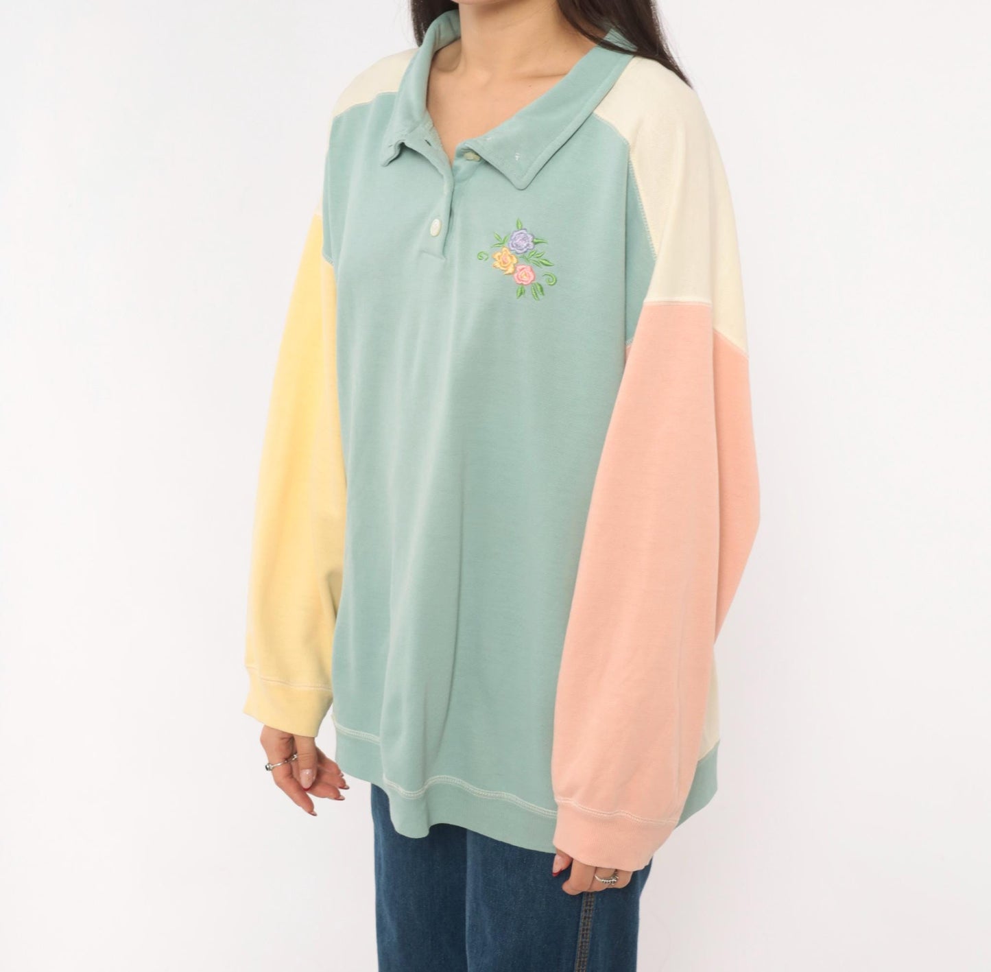 80s Ys Casuals Pastel Color Block Polo Sweatshirt Floral Embroidered Extra Large XL