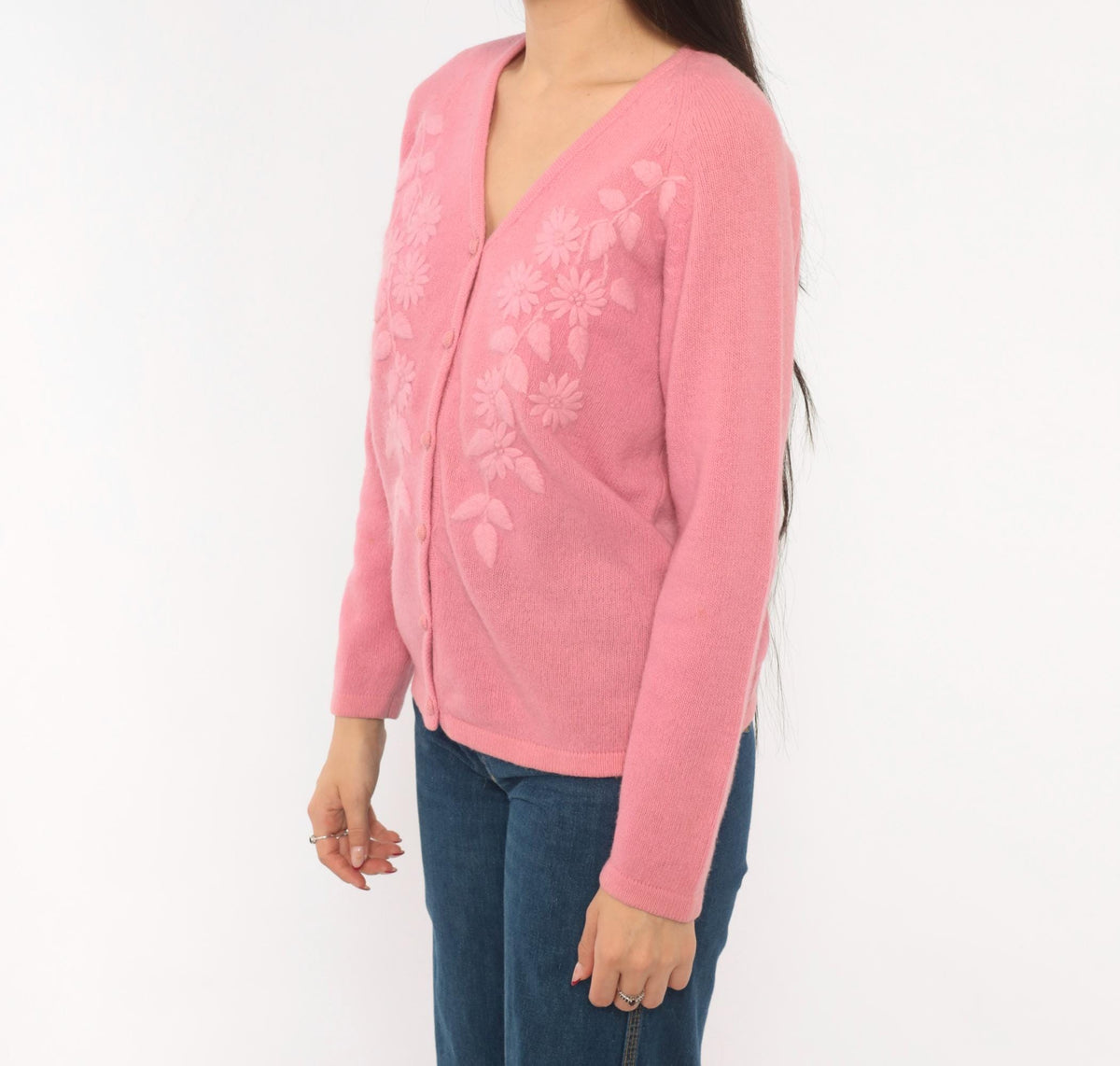 80s NKKC Rose Pink Lambswool Cardigan Floral Embroidered V-Neck Medium M