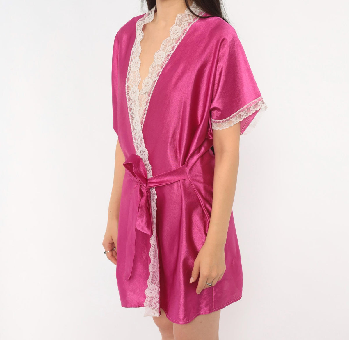 80s Fuchsia Satin Kimono Robe Lace Trim Tie Front Medium Large