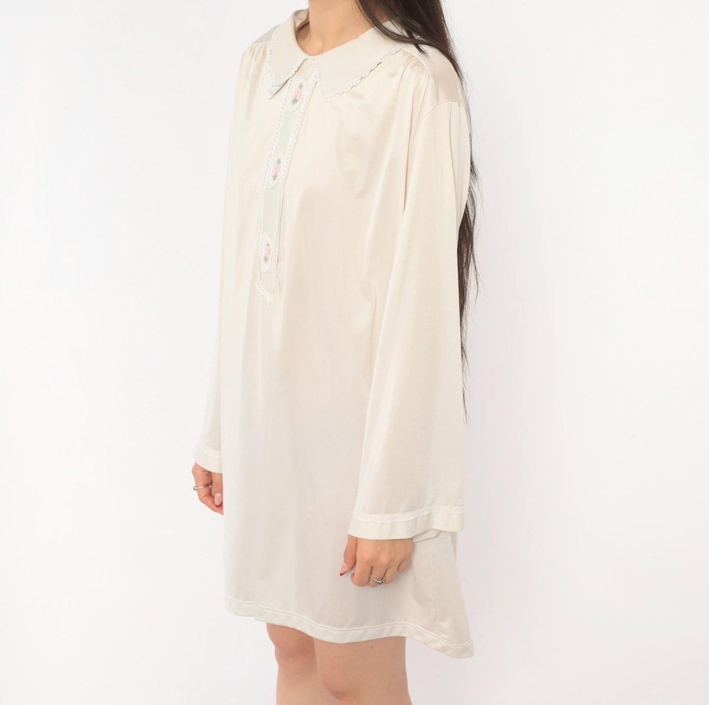 80s Embroidered Floral Nightgown Cream Peter Pan Collar Lace Trim Large L
