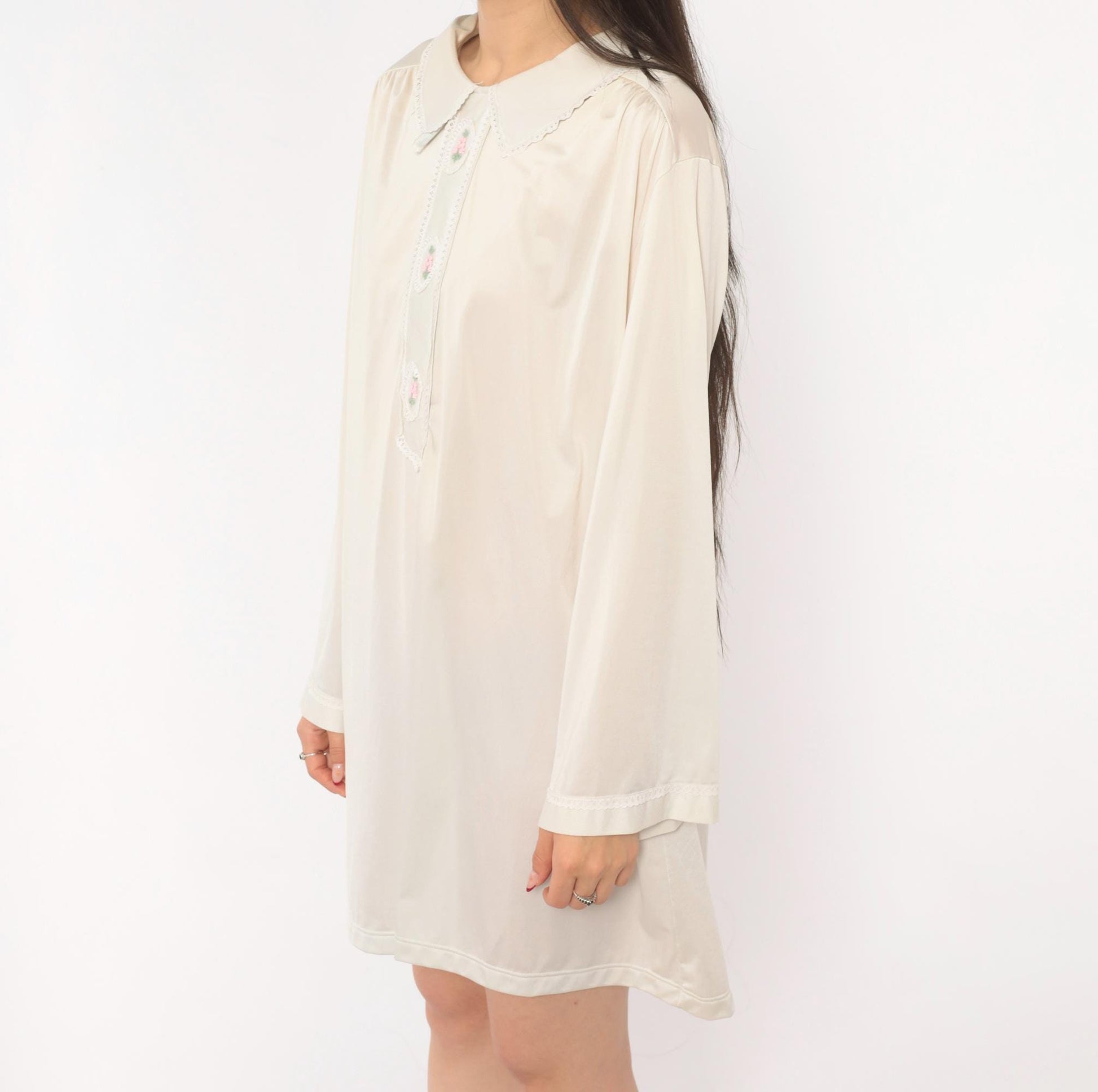 80s Embroidered Floral Nightgown Cream Peter Pan Collar Lace Trim Large L