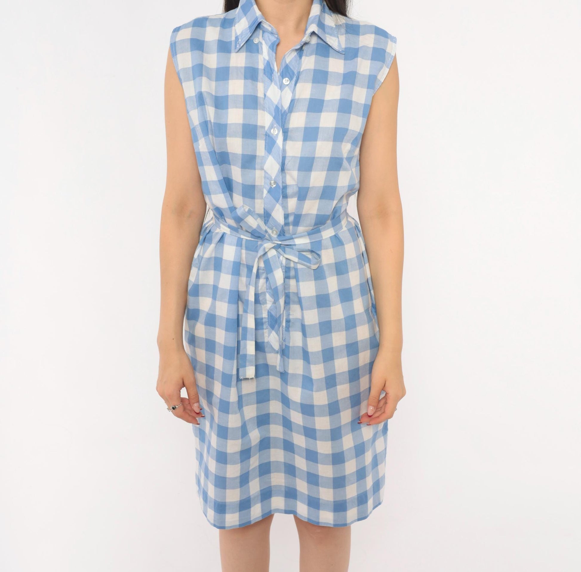 60s Laura Mae Life Gingham Shirt Dress Blue White Check Knee-Length Cotton Medium M