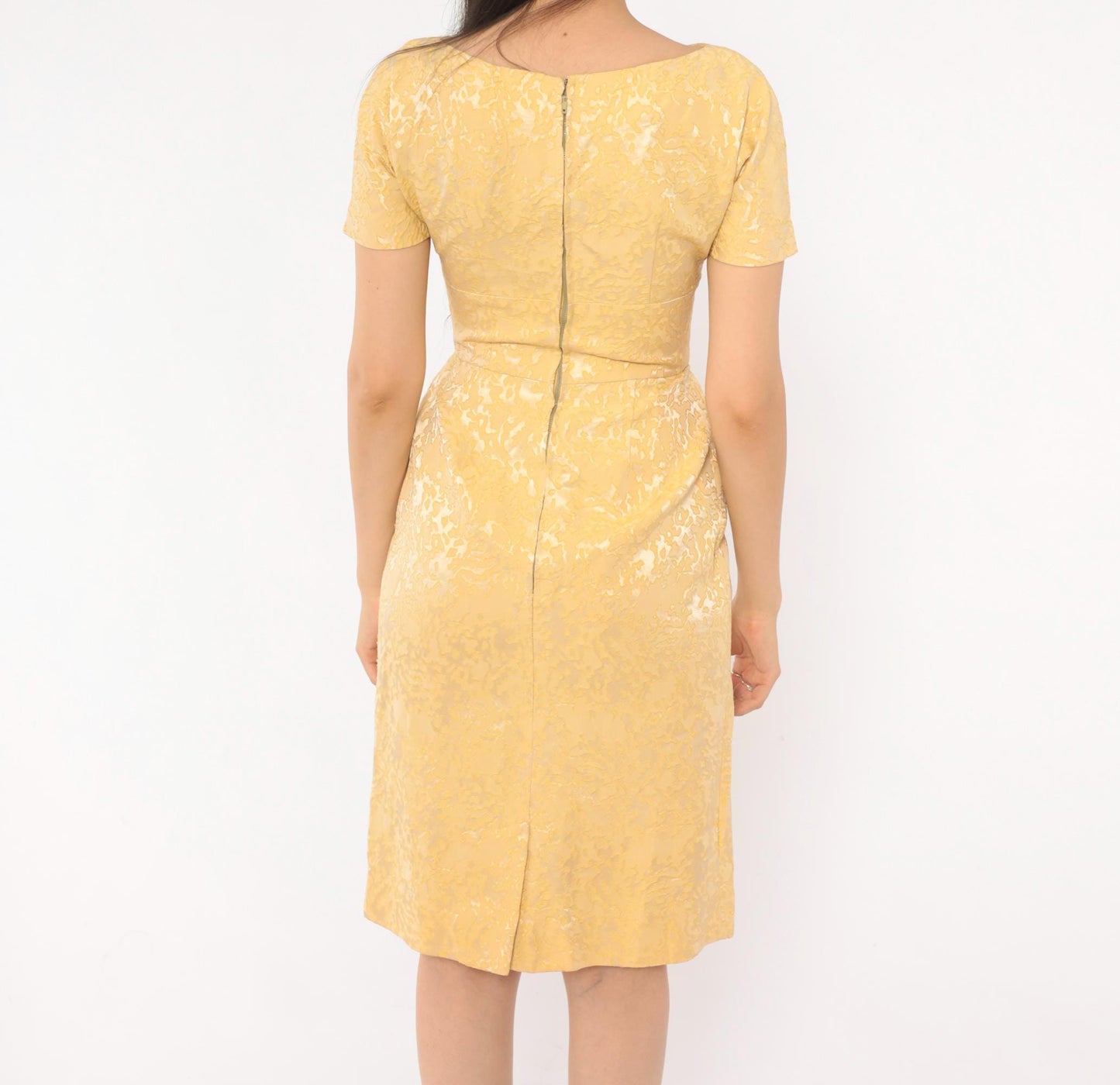60s Gold Jacquard Sheath Dress Boat Neck Brocade Pencil Skirt Extra Small XS
