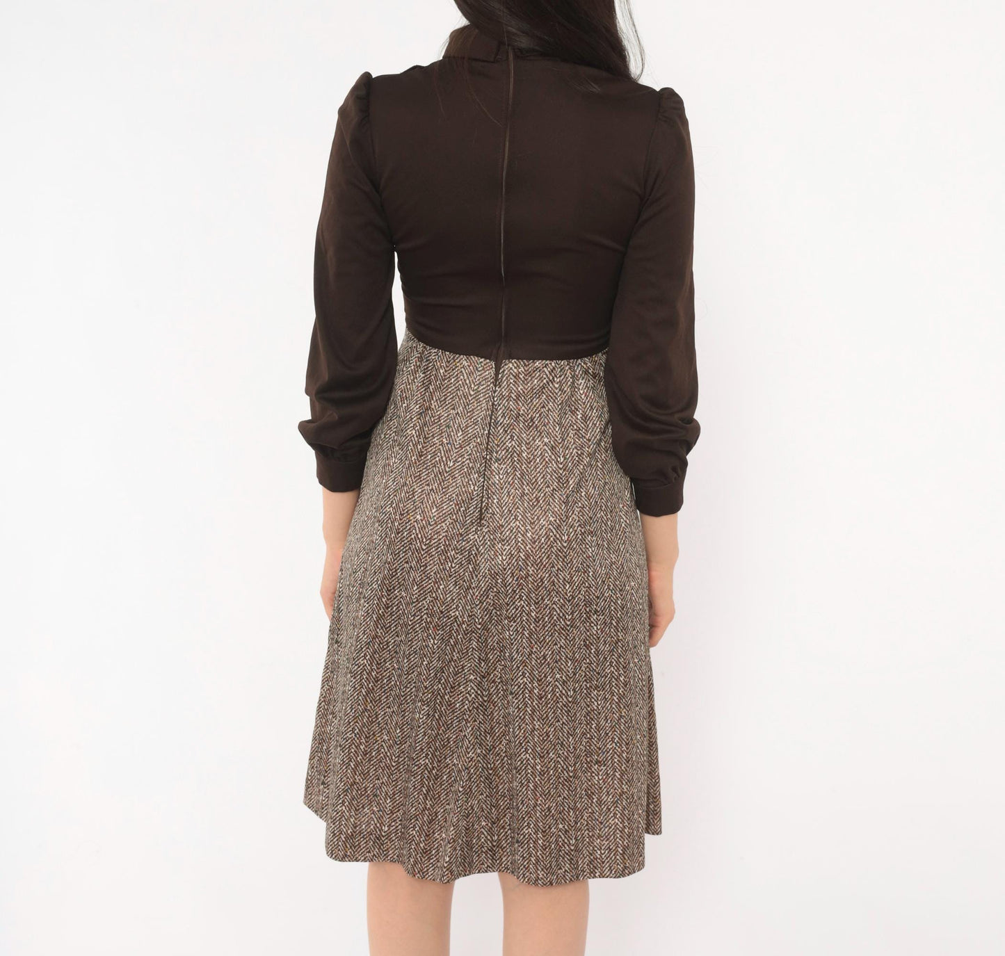70s Brown Herringbone A-Line Dress Puff Sleeve Turtleneck Extra Small XS