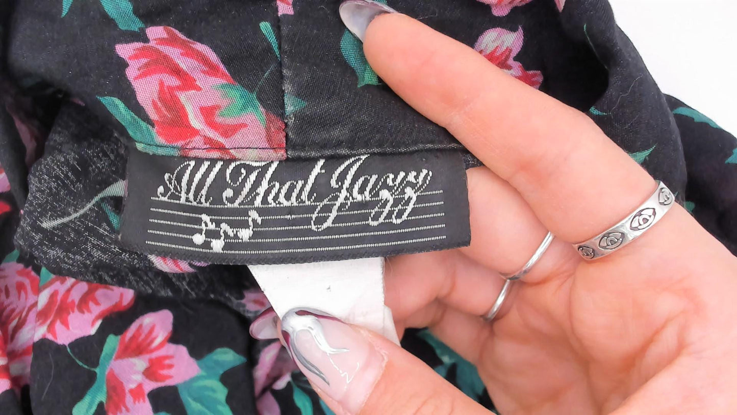 90s All That Jazz Floral Romper Black Pink Rose Print V-Neck Small S