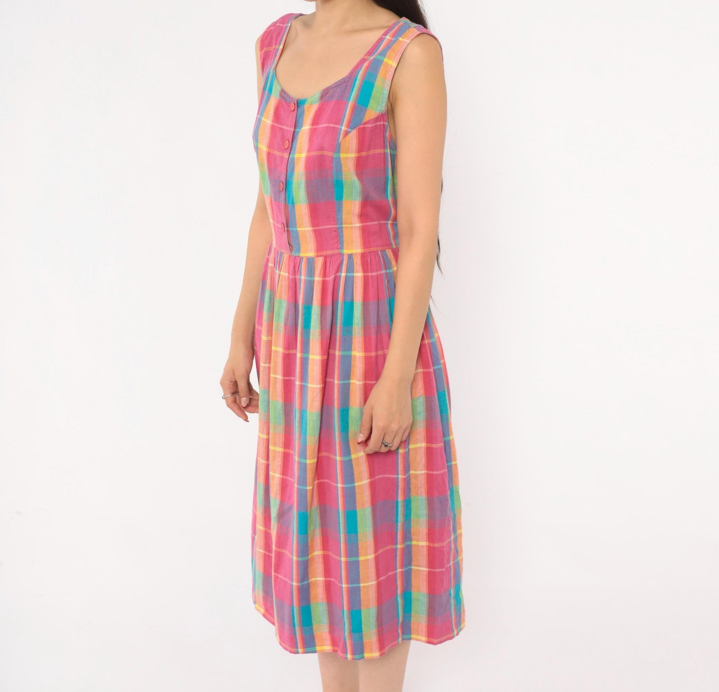 90s Madras Plaid Sundress Pink Turquoise Cotton Button Front Mid-Calf Medium M