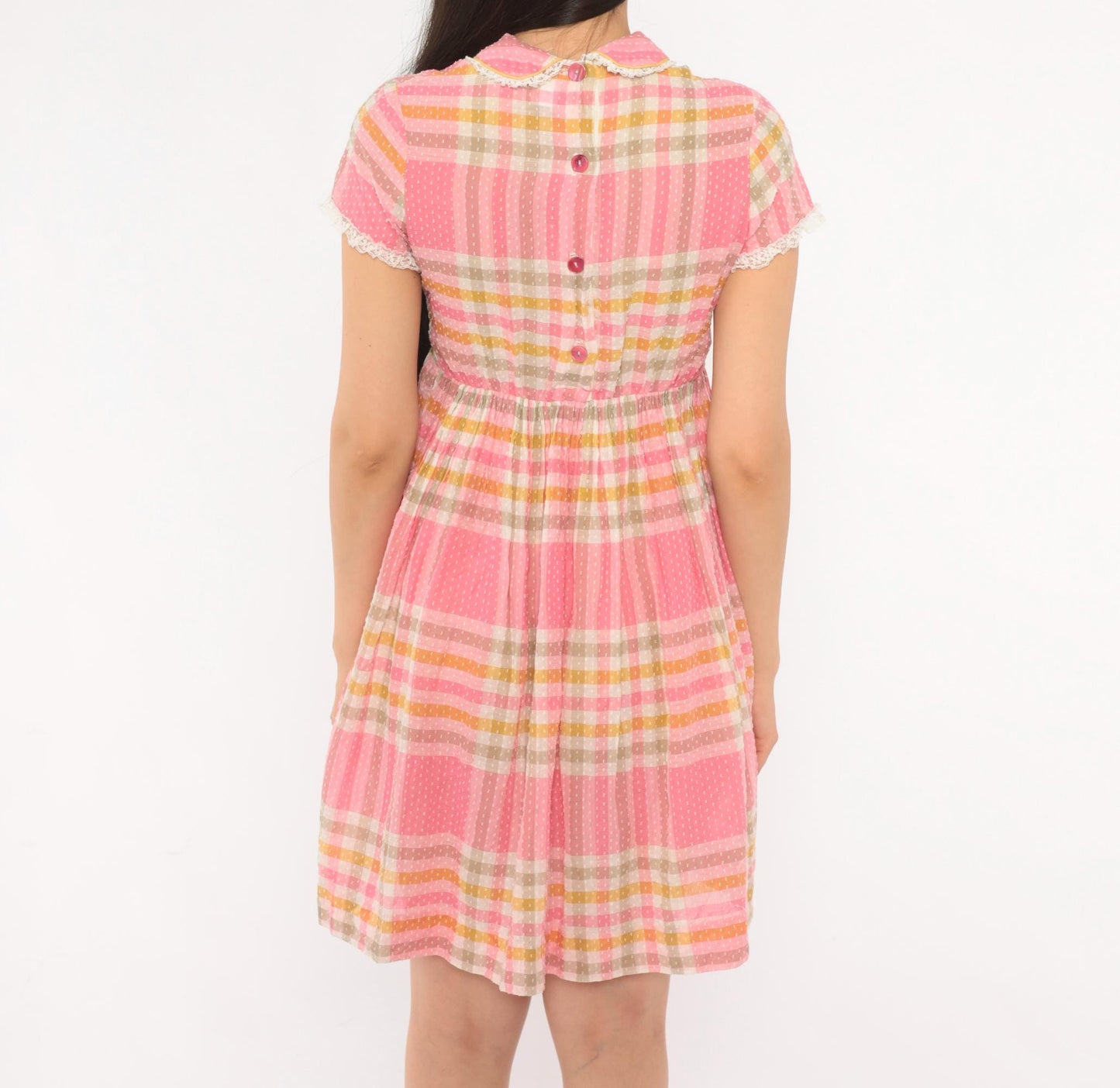 70s Pink Plaid Babydoll Dress Peter Pan Collar Lace Bib Mini XXS