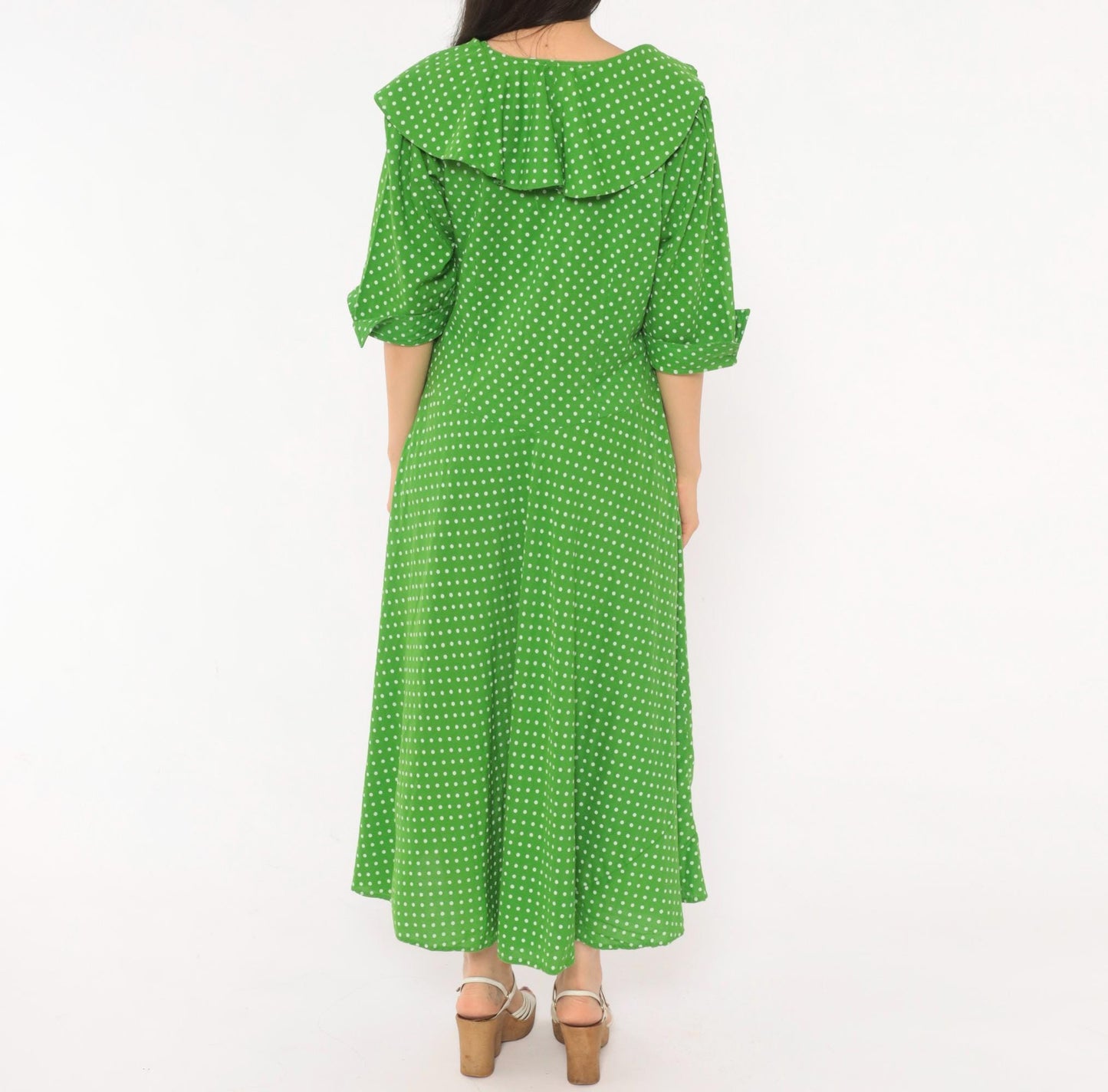 2000s Green White Polka Dot Cotton Midi Dress Ruffle Collar Puff Sleeve Large L