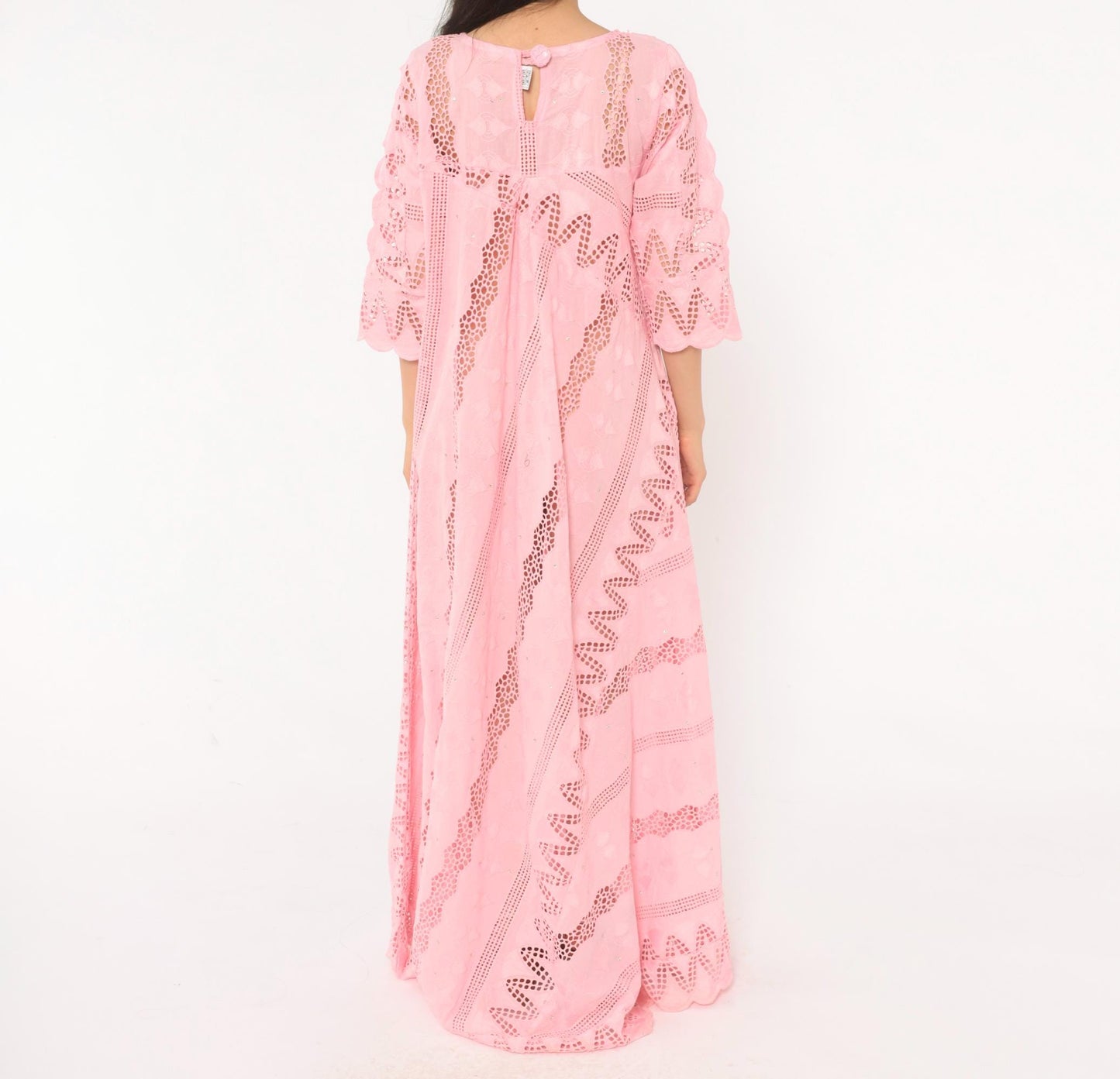 80s Pink Eyelet Lace Maxi Dress Cutwork Embroidered Puff Sleeve Medium M