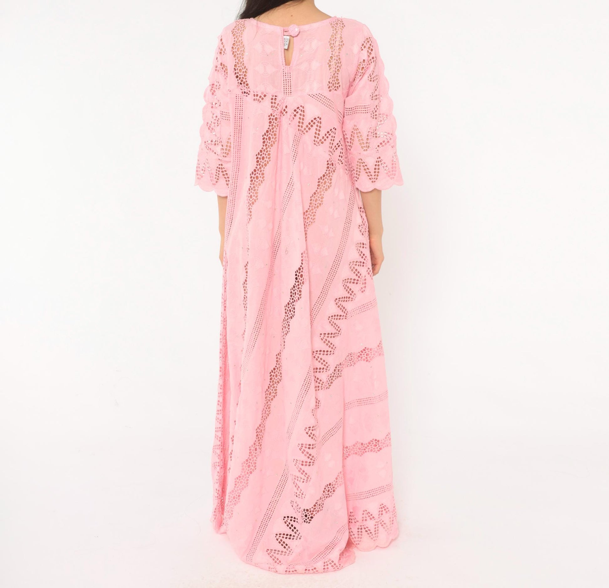 80s Pink Eyelet Lace Maxi Dress Cutwork Embroidered Puff Sleeve Medium M