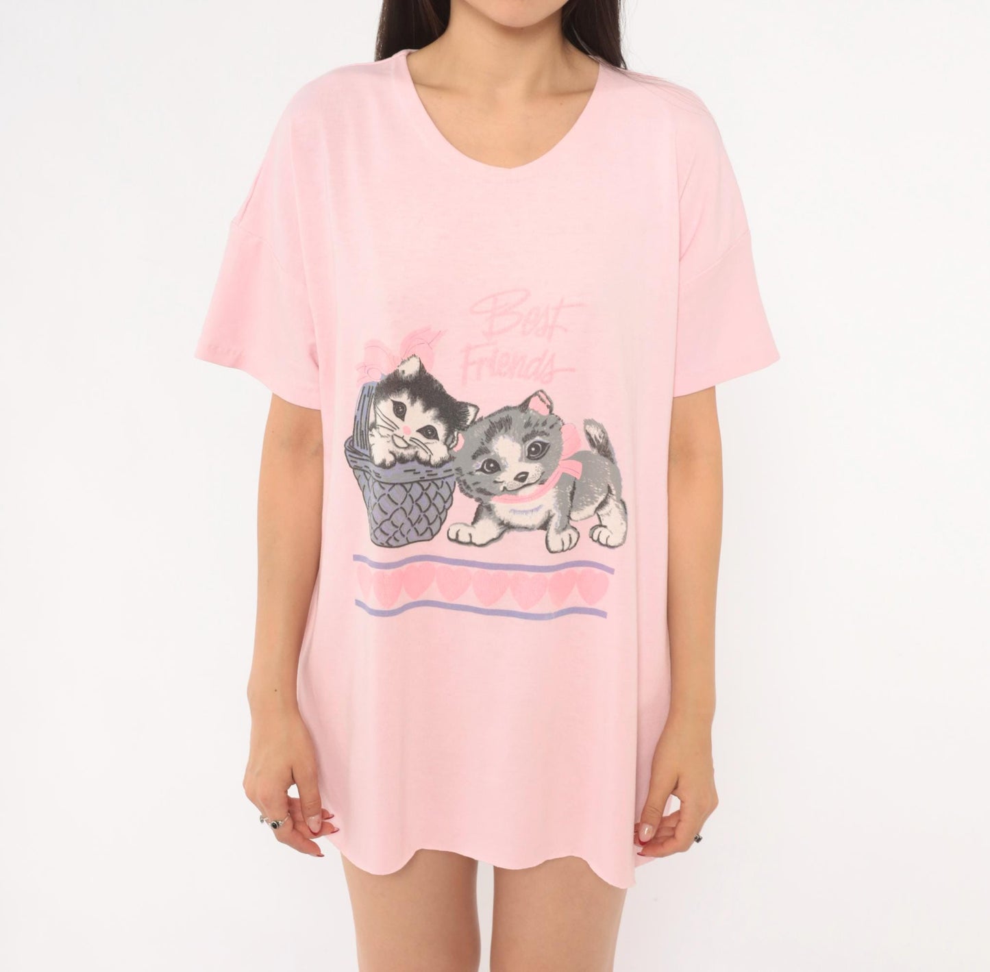 90s Best Friends Kitten Pink Sleep Shirt Cotton Graphic Tee One Size