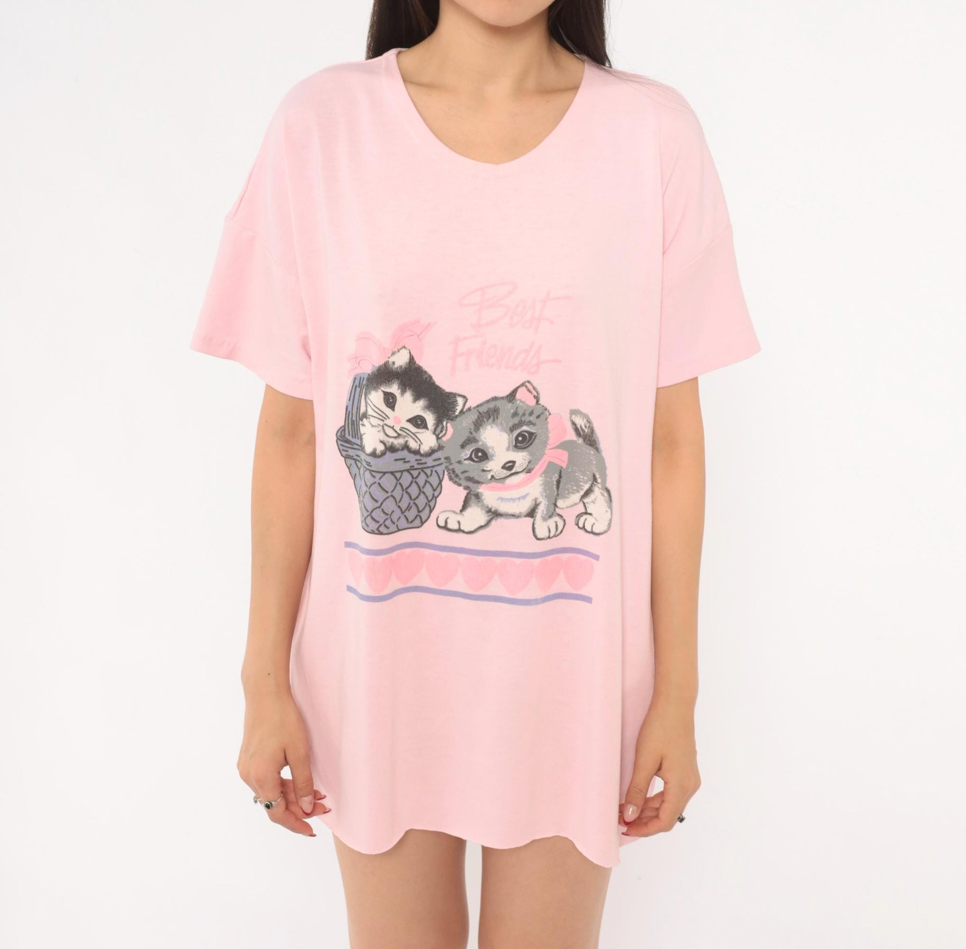 90s Best Friends Kitten Pink Sleep Shirt Cotton Graphic Tee One Size