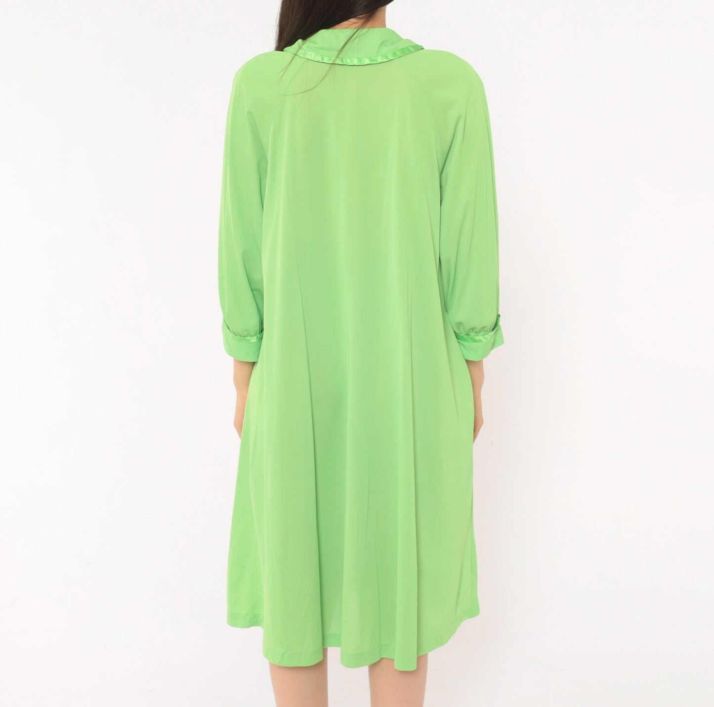 70s Mint Green Button-Front Housecoat Peter Pan Collar Satin Trim Large L