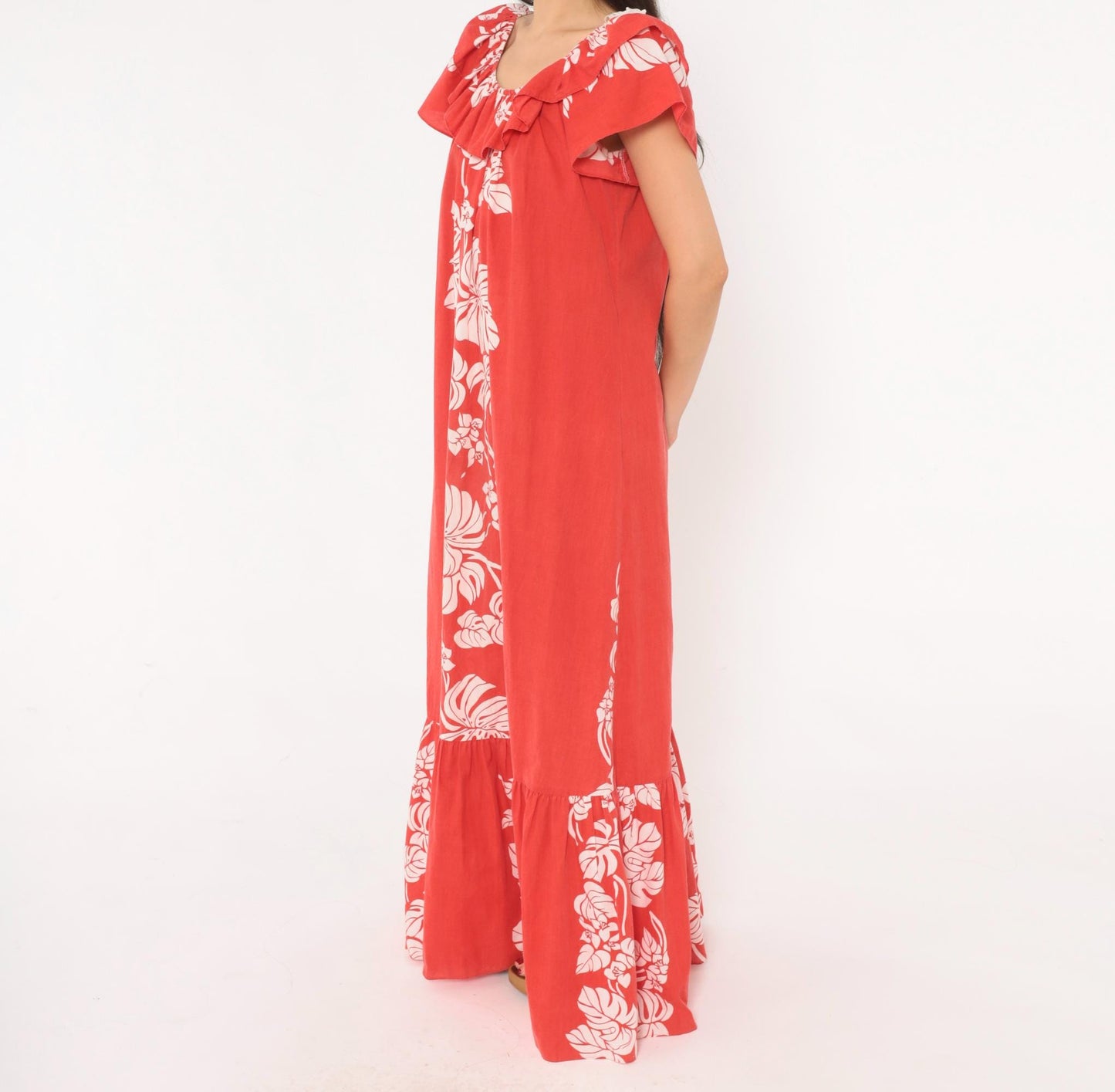 80s Hilo Hattie Hawaiian Muumuu Red Monstera Floral Maxi Dress Large