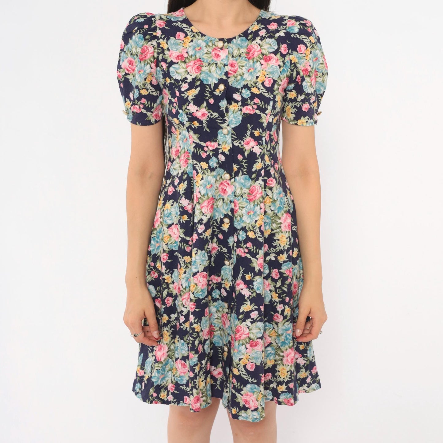 90s Sweet Soda Floral Mini Dress Navy Puff Sleeve Lace-Up Cotton XXS
