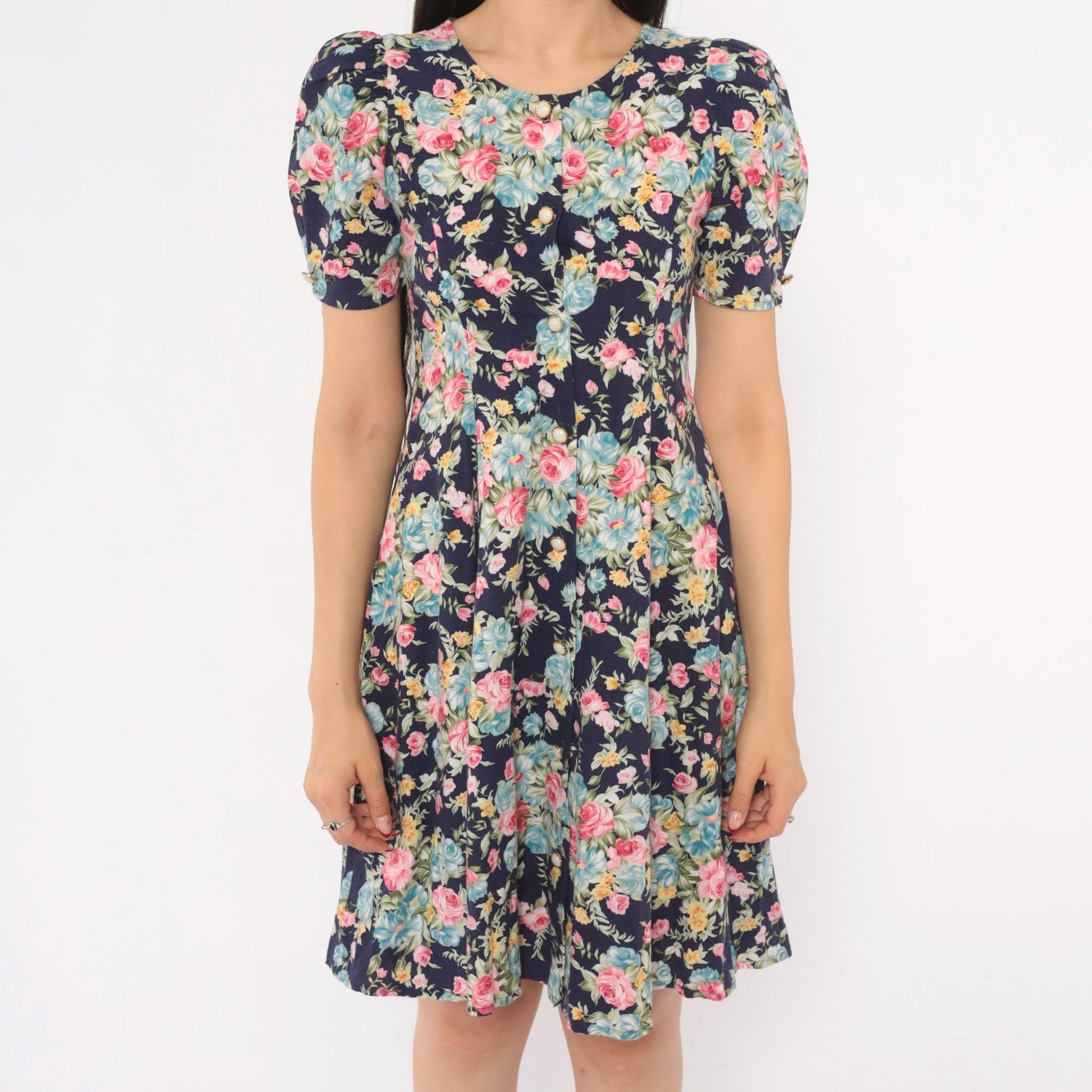 90s Sweet Soda Floral Mini Dress Navy Puff Sleeve Lace-Up Cotton XXS