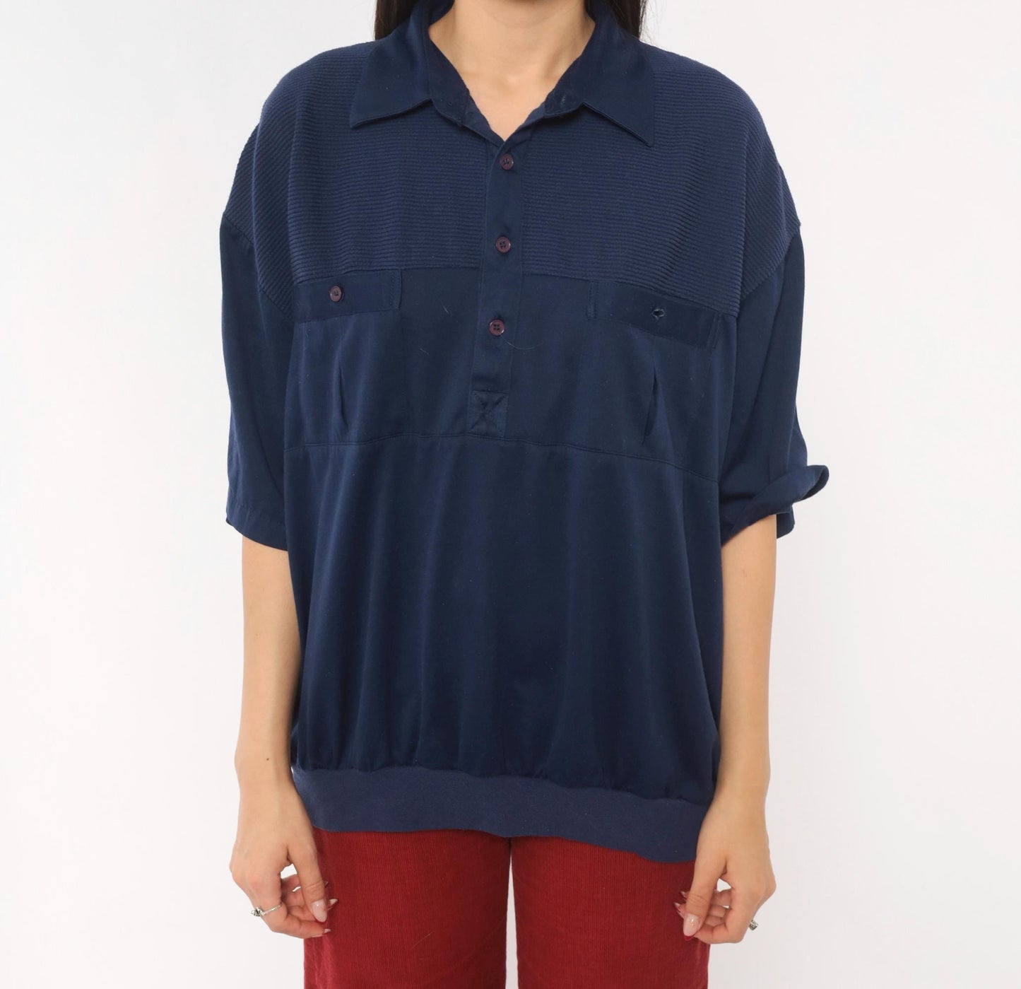 90s Navy Polo Shirt Classics Ribbed Yoke Button Front Knit Extra Large XL