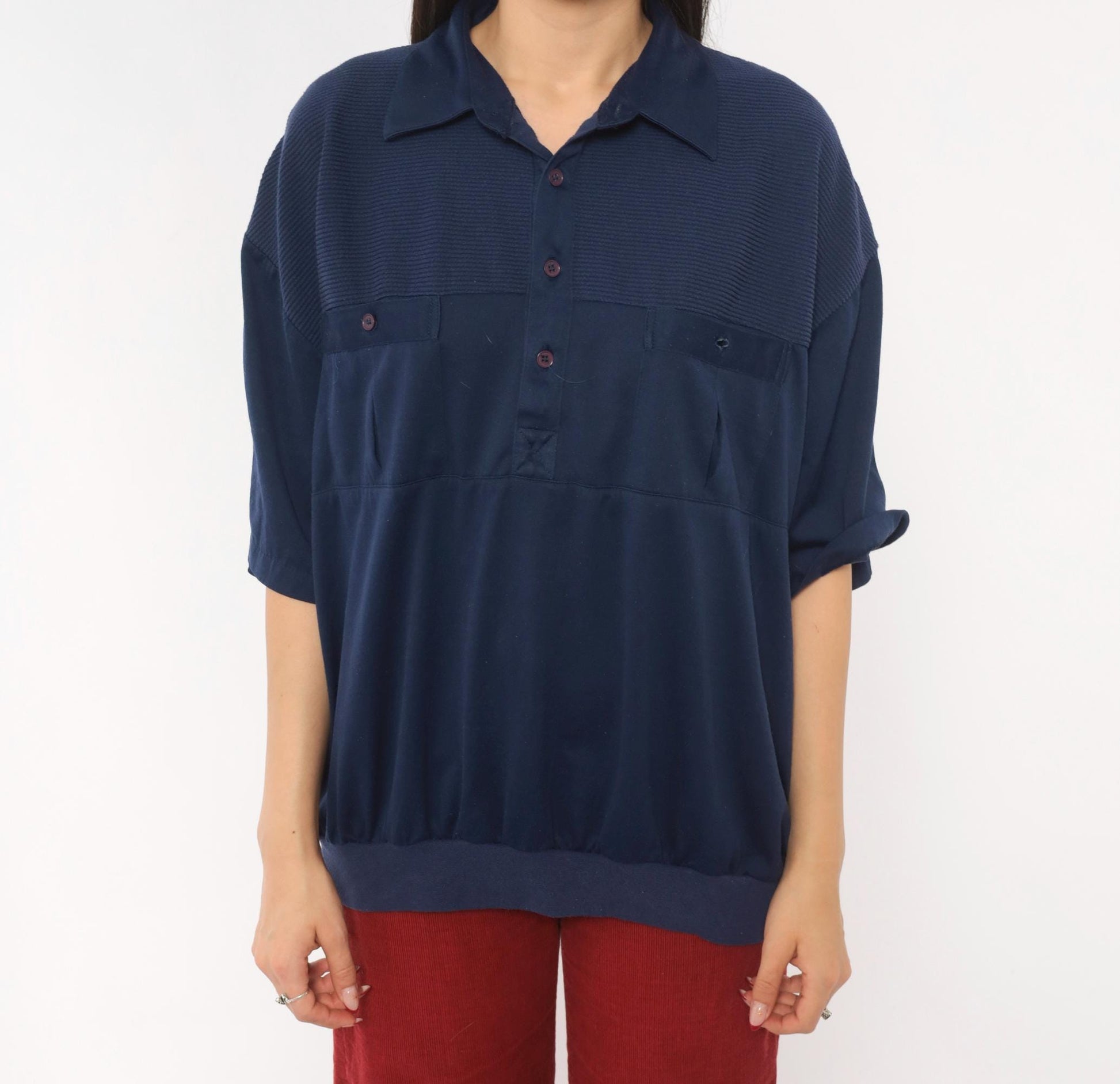 90s Navy Polo Shirt Classics Ribbed Yoke Button Front Knit Extra Large XL