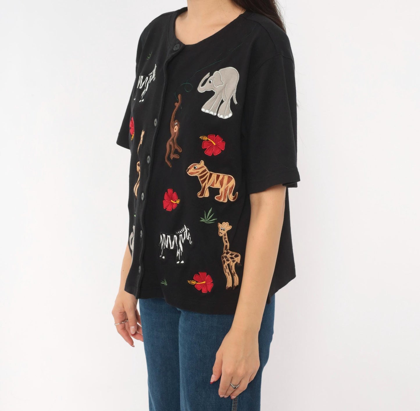 90s Bechamel Safari Animal Applique Cardigan Black Cotton Button Front Large L