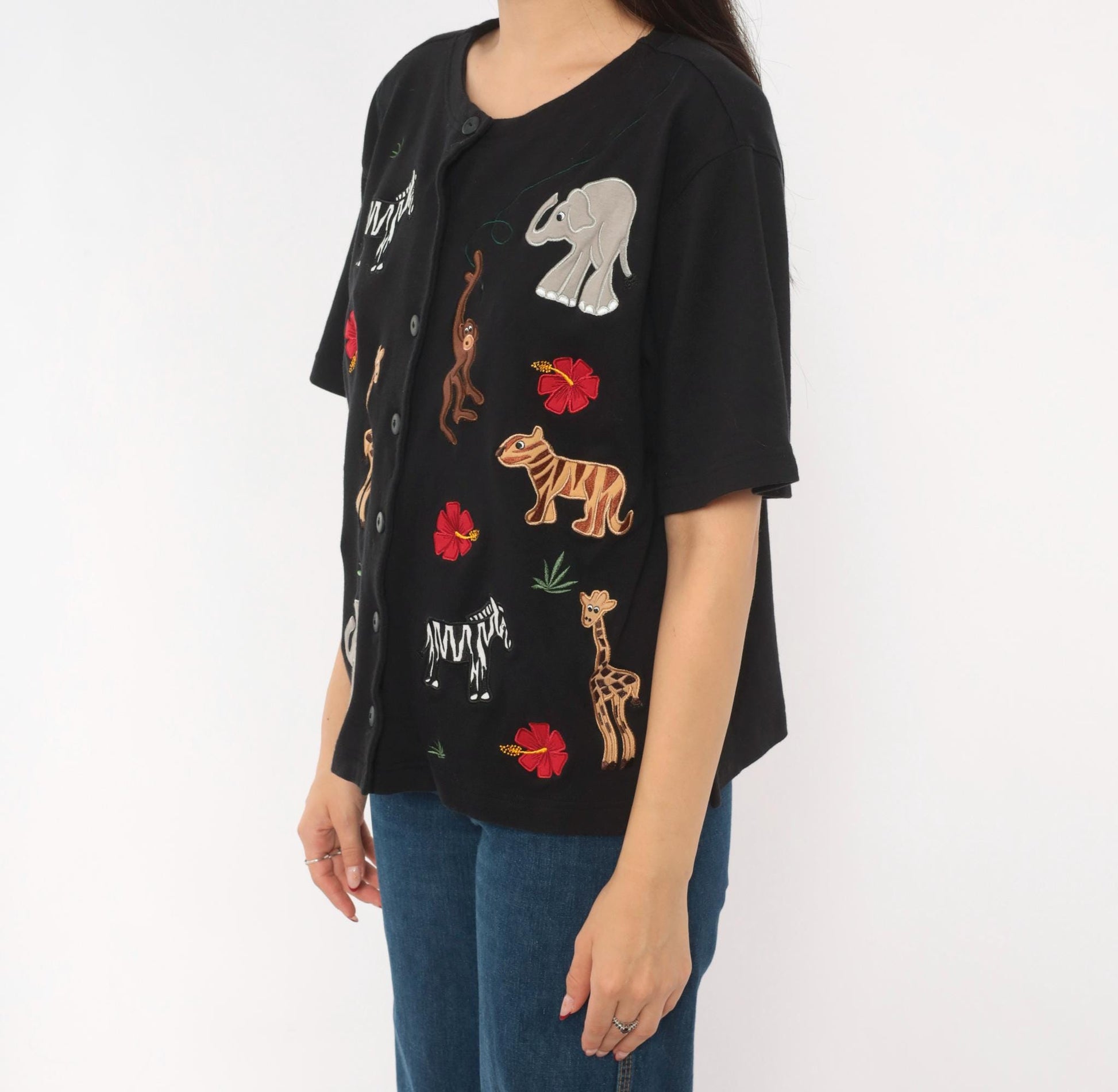 90s Bechamel Safari Animal Applique Cardigan Black Cotton Button Front Large L